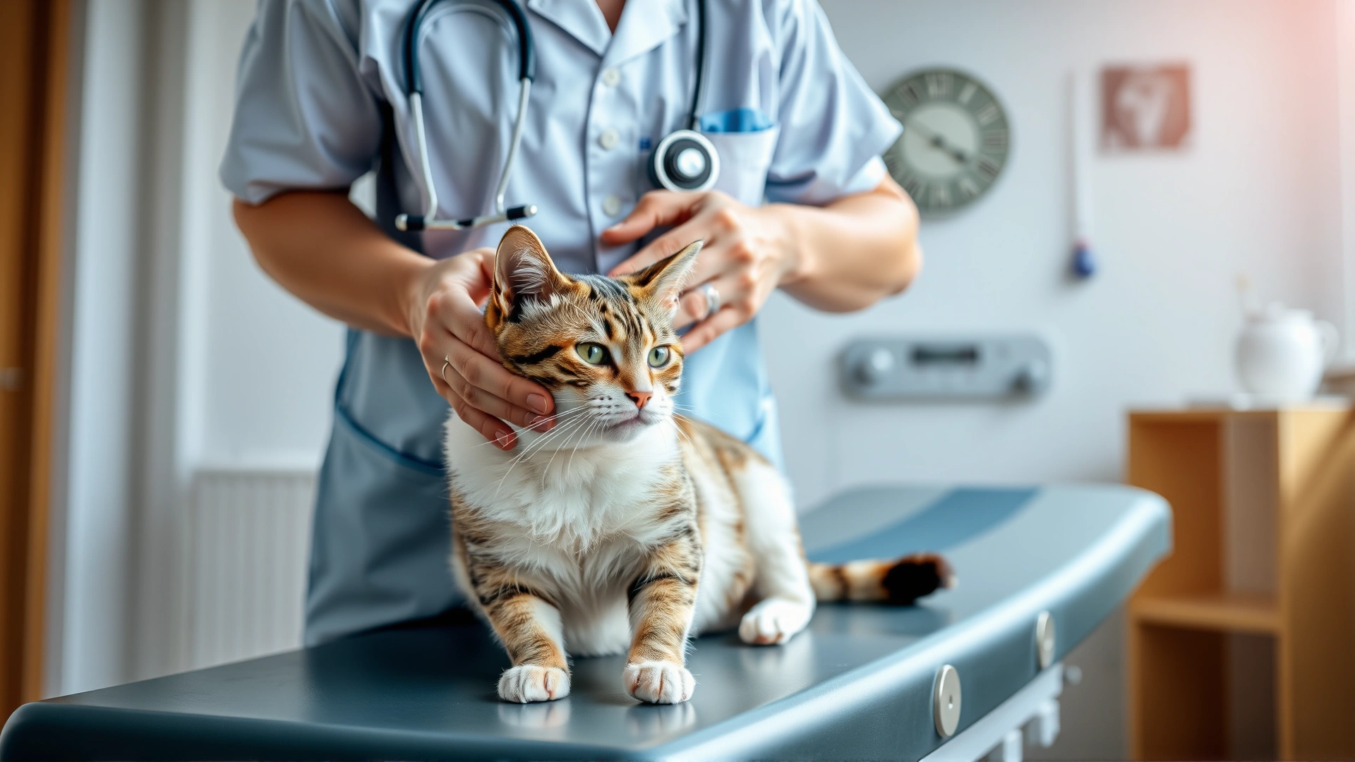 Veterinarian gently palpating a cat's abdomen on an examination table, modern clinic interior, natural lighting