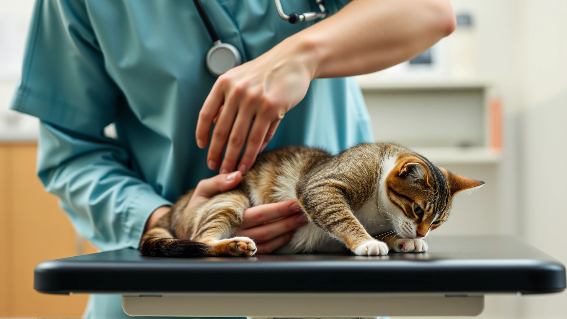 Photograph of a veterinarian gently palpating a cat’s abdomen on an examination table, clinic background blurred for focus.