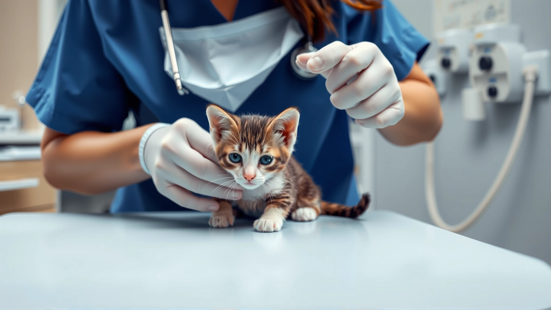 Veterinarian gently examining a small kitten on an examination table with medical equipment in the background.