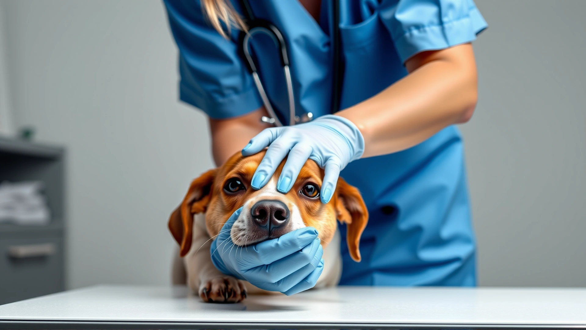 Female veterinarian wearing blue scrubs and latex gloves carefully examining a dog's paw on an examination table
