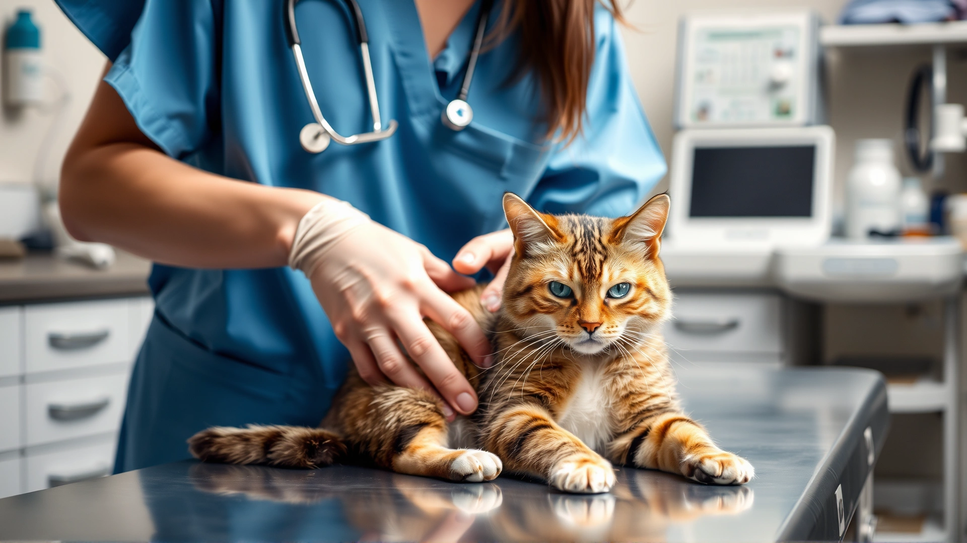 Veterinarian wearing scrubs gently examining a cat’s abdomen on a clinic table, medical equipment blurred in background