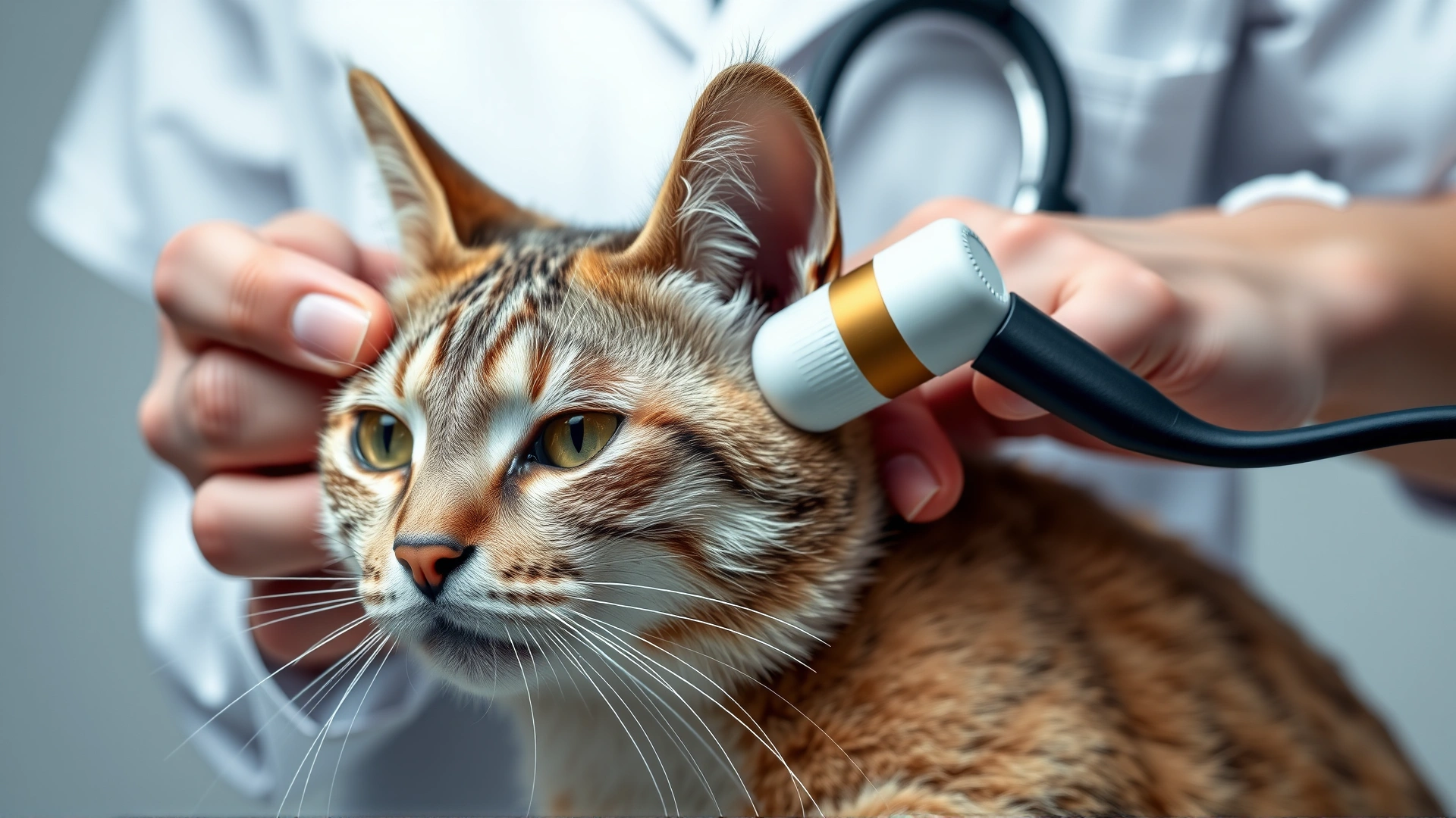 Veterinarian holding a cat and using an otoscope to inspect the cat’s ear, focus on professional hands and calm feline face
