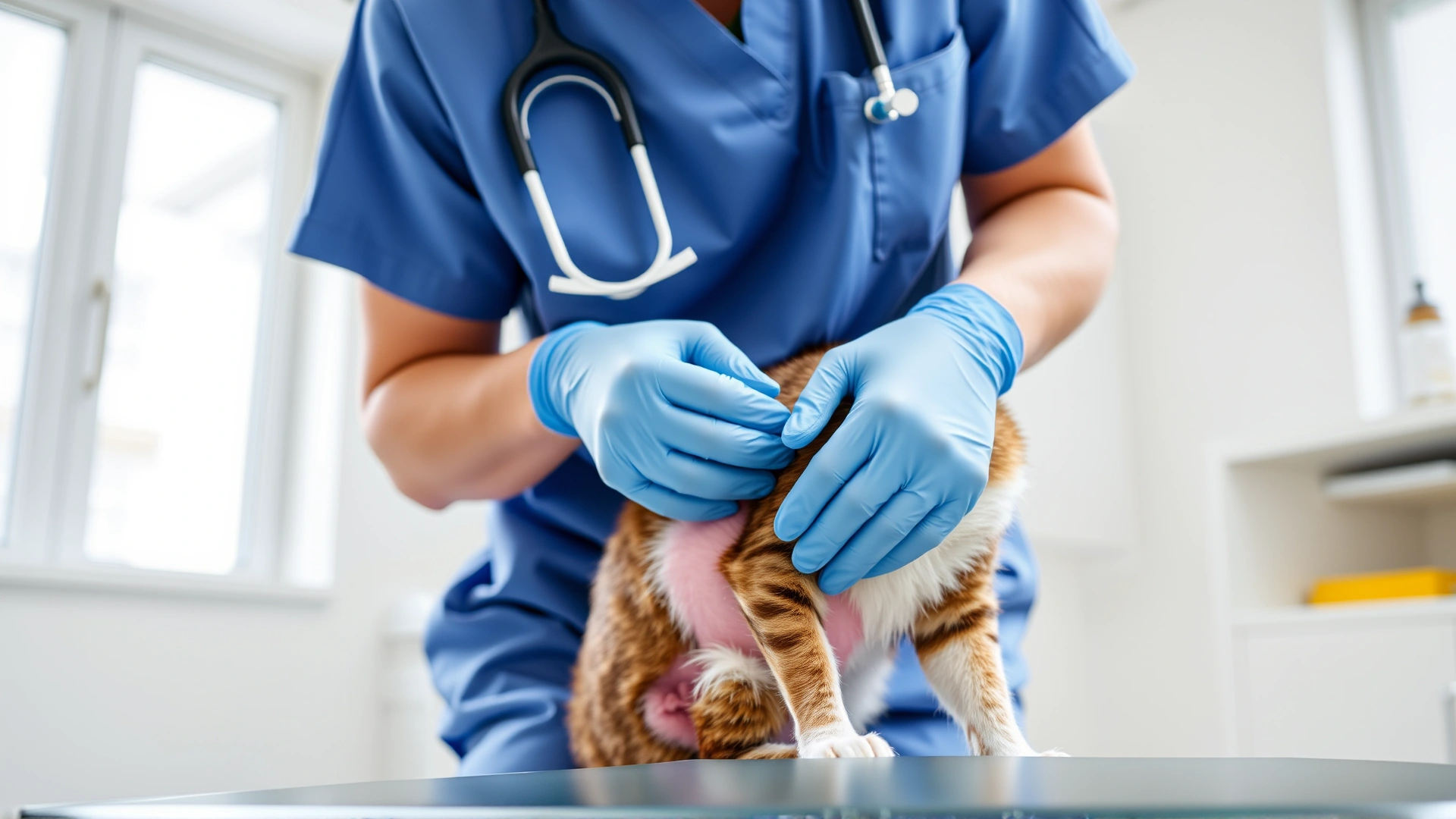 Veterinarian wearing blue scrubs performing a gentle rectal exam on a cat using gloved hands, in a bright clinic room.