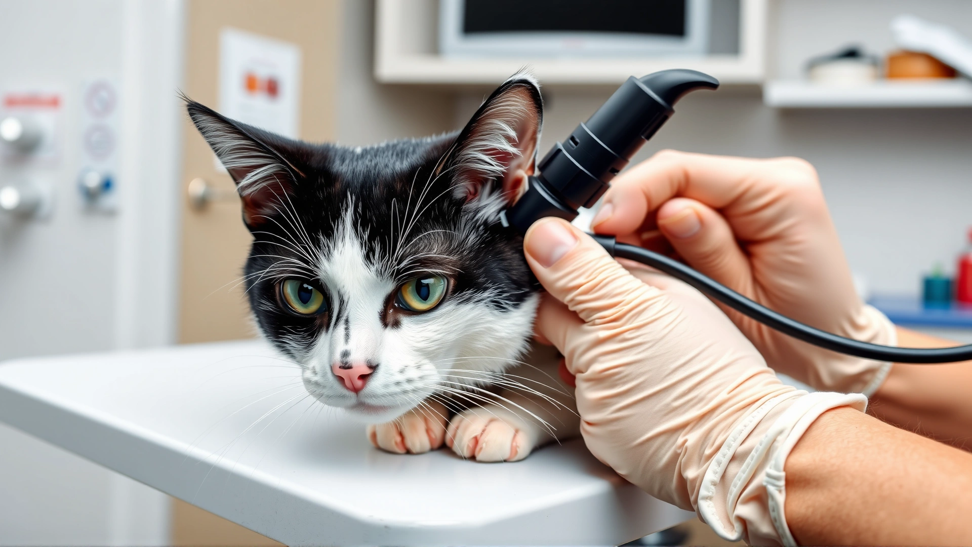 Wide shot of a vet using an otoscope to inspect a black-and-white cat’s ear on an examination table, clinic background slightly blurred.