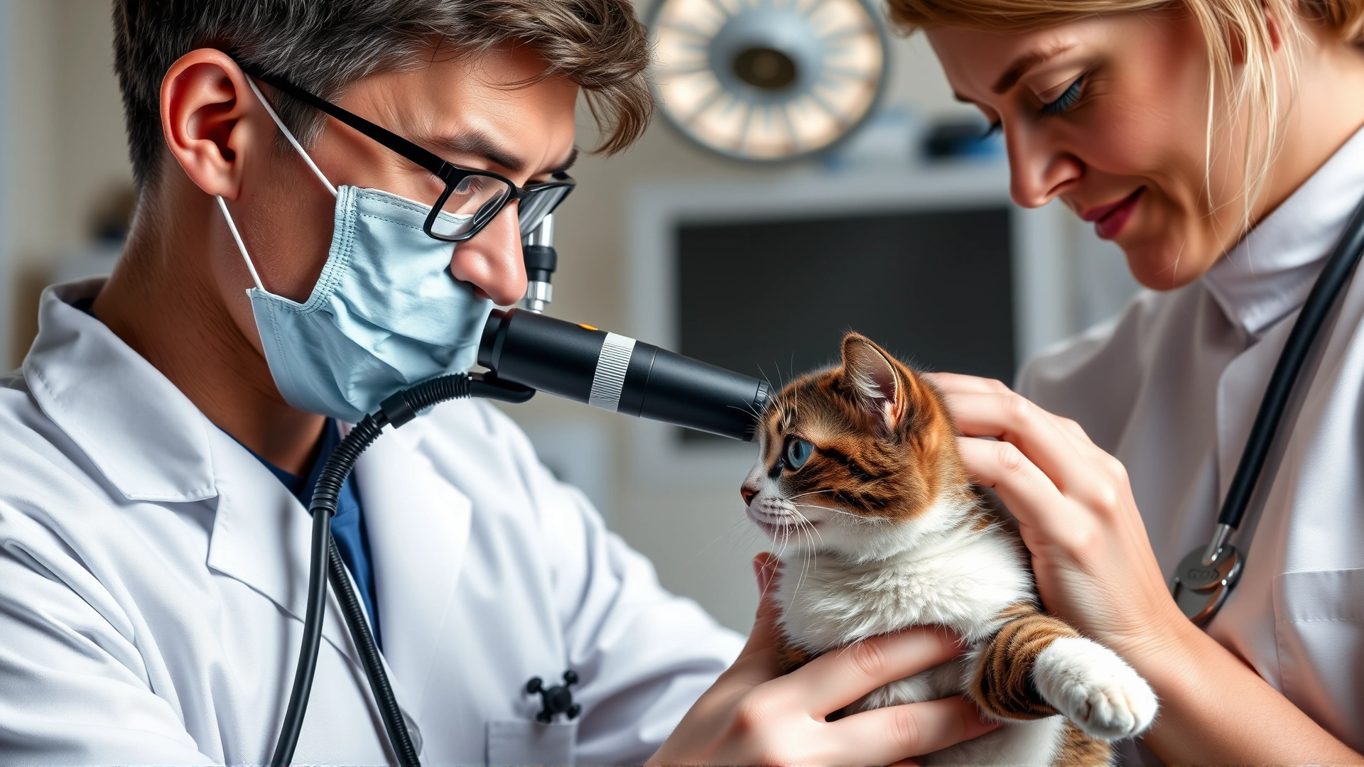 Veterinarian using an otoscope to examine a cat's ear while assistant holds the cat, clinic background, professional lighting