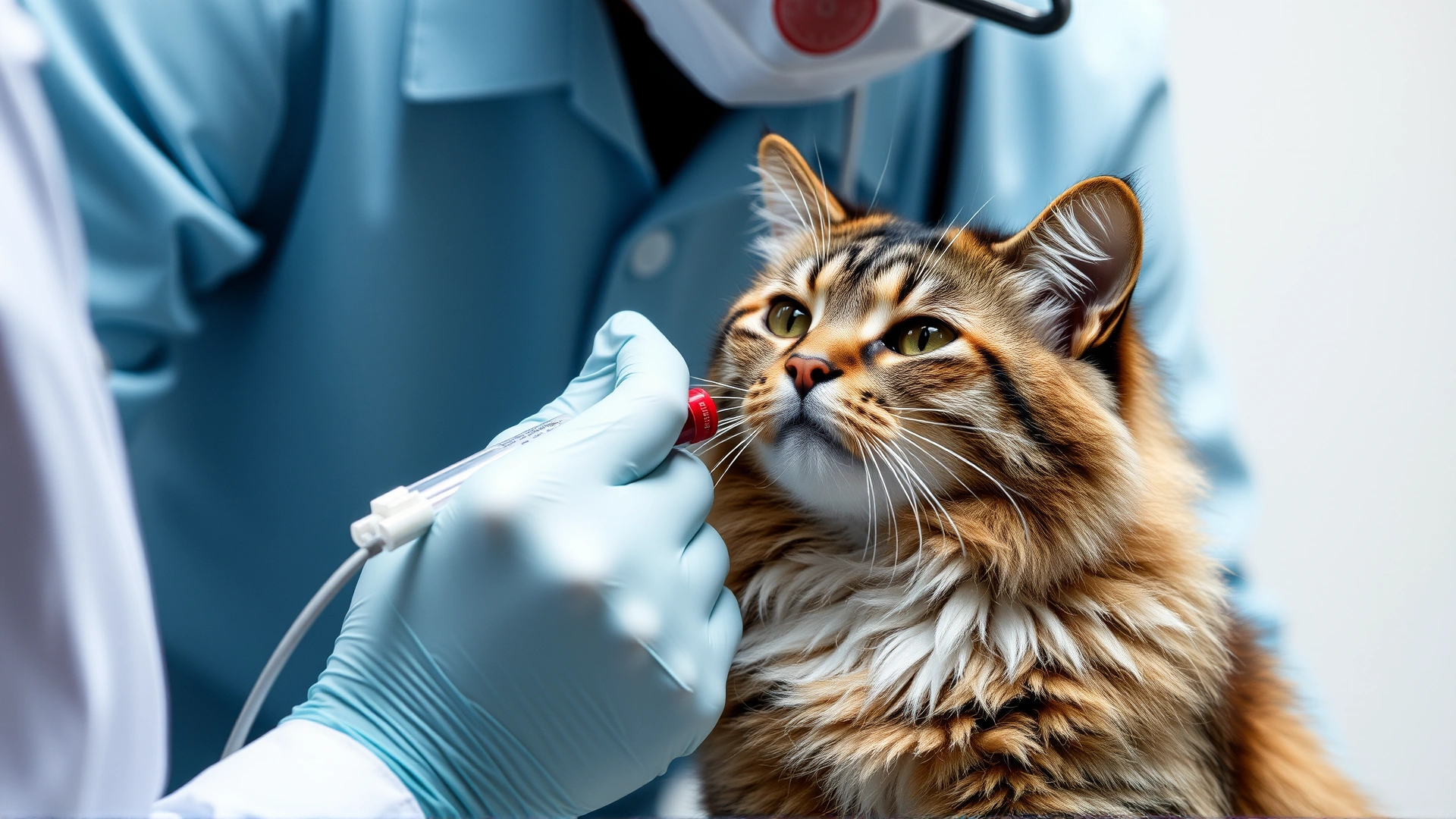 Veterinarian drawing blood from a calm cat for laboratory hormone testing