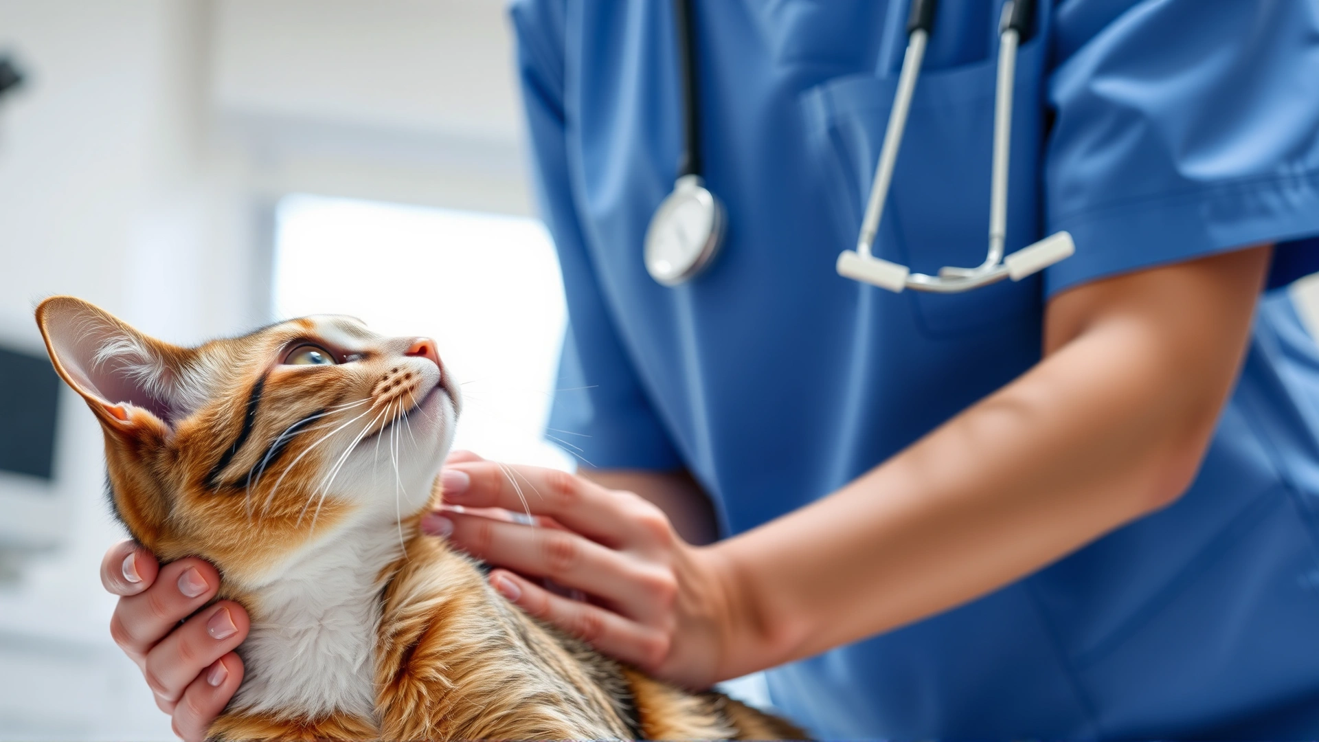 Veterinarian gently palpating a cat’s neck during a check-up, bright clinic background with medical equipment subtly blurred.