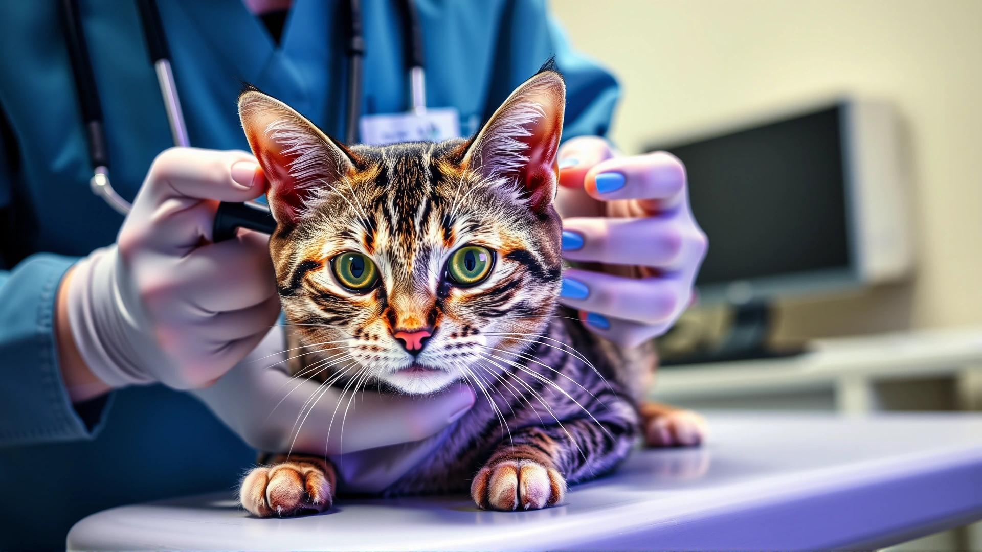 Veterinarian examining a tabby cat’s eyes on an examination table, clinic environment