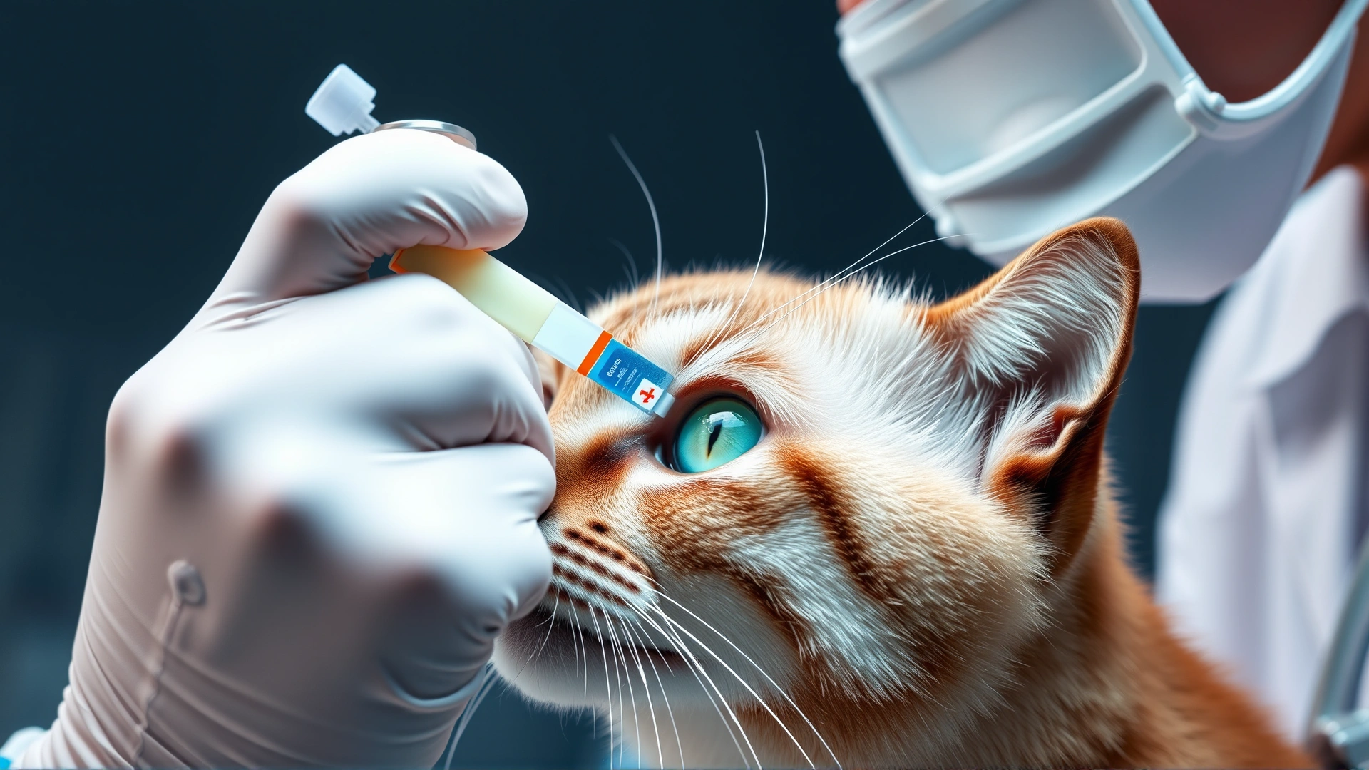 Veterinarian examining a cat's eye using a fluorescein dye strip in a clinical setting, no text