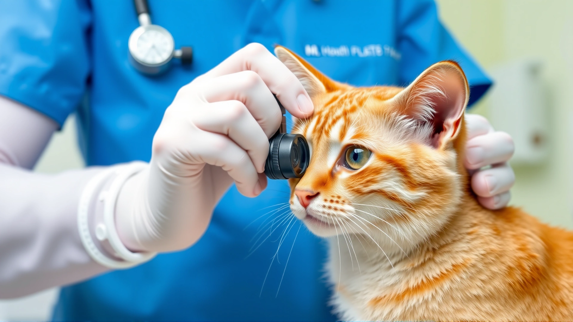 Veterinarian in blue scrubs gently examining a cat’s eyes with an ophthalmoscope in a bright clinic room
