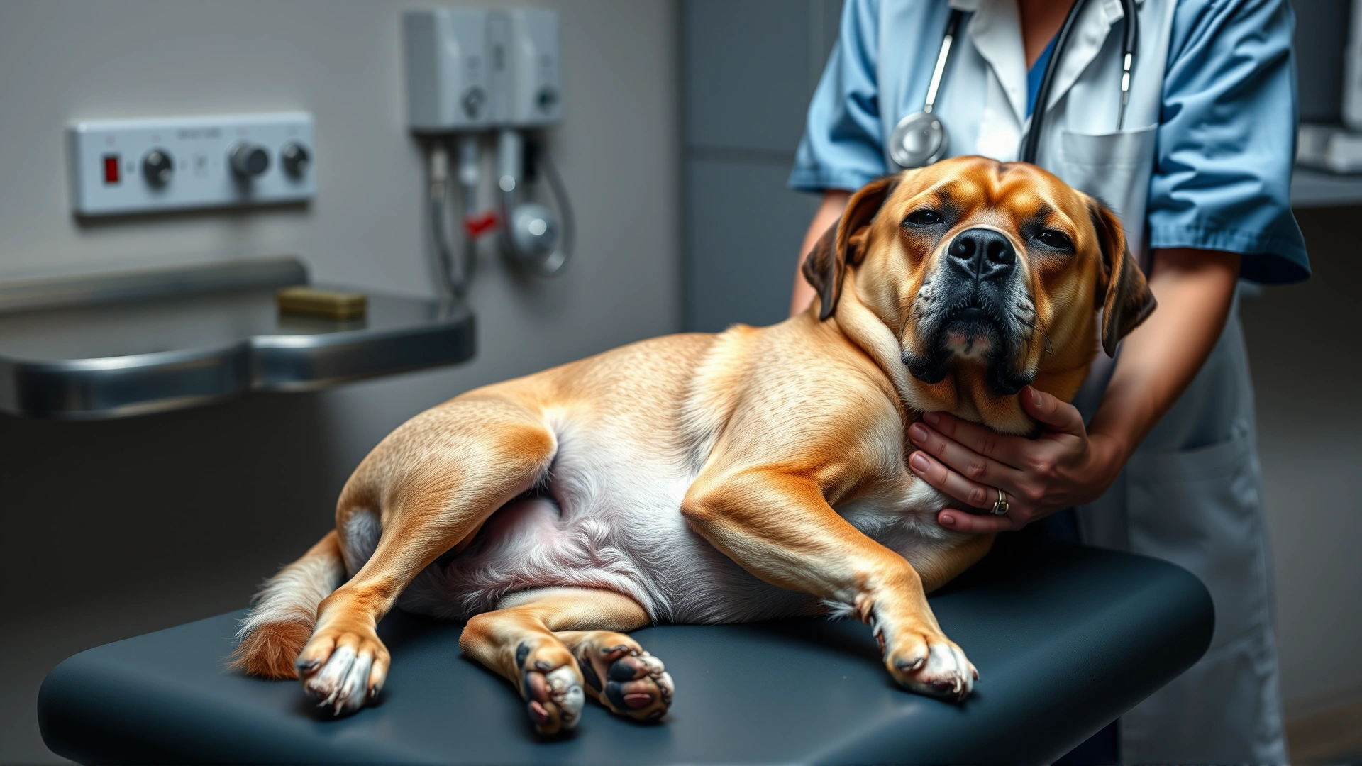 Veterinarian examining a dog’s abdomen on an exam table, medical setting, calm dog, realistic style.