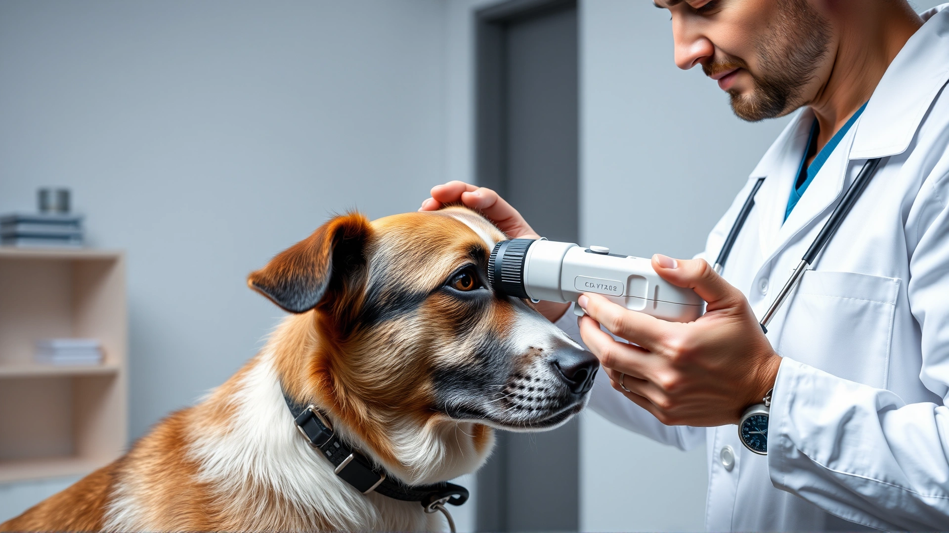 Veterinarian wearing a white coat gently examining a mixed-breed dog's eye with an ophthalmoscope in a modern clinic