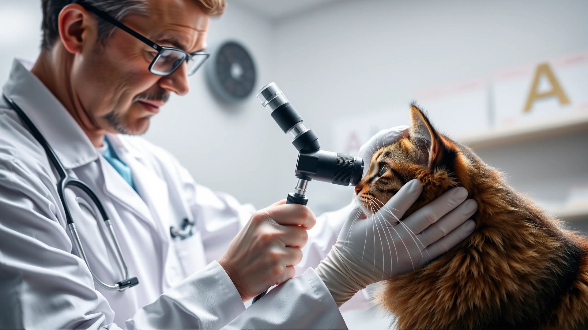Veterinarian wearing a white coat gently examining a cat’s eye with an ophthalmoscope in a well-lit clinic