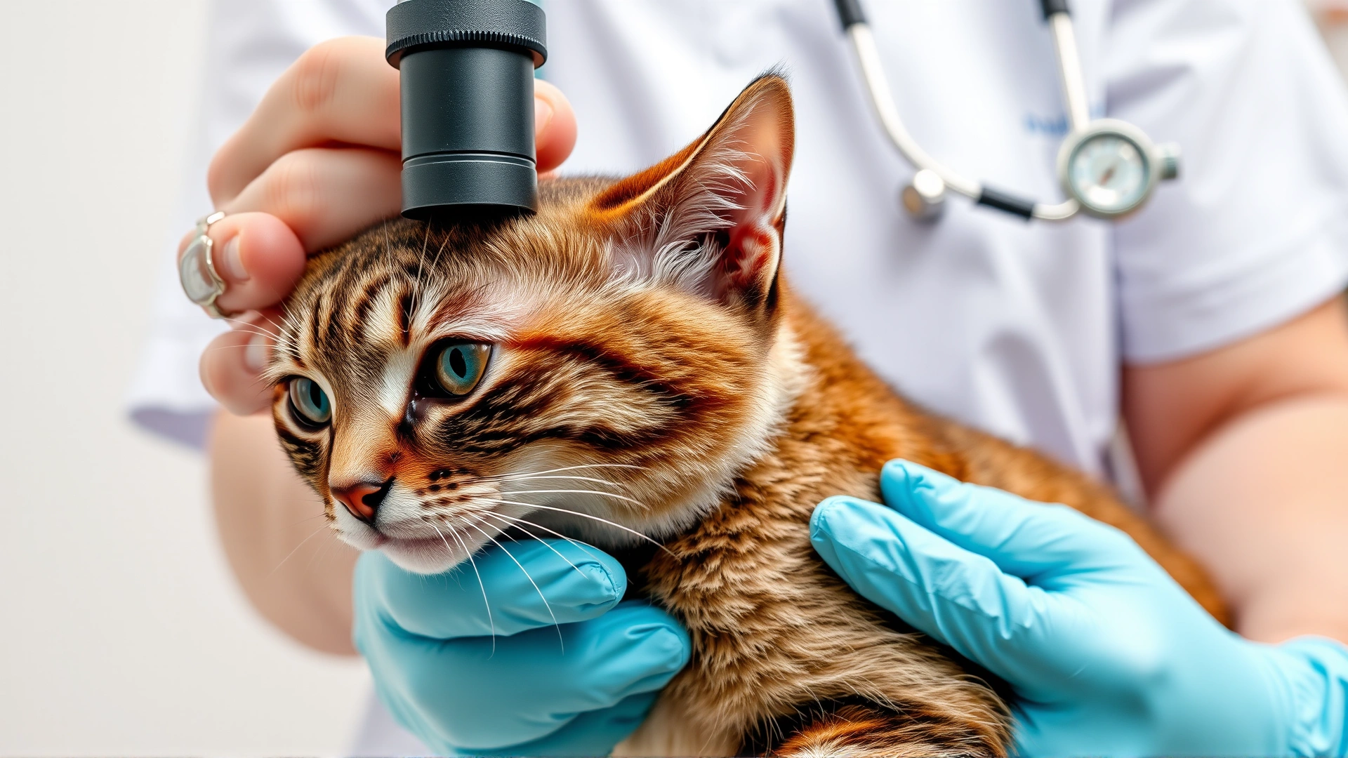 Veterinarian gently holding a calm domestic cat while using an ophthalmoscope to examine its eye, bright veterinary clinic background, high-resolution photo.