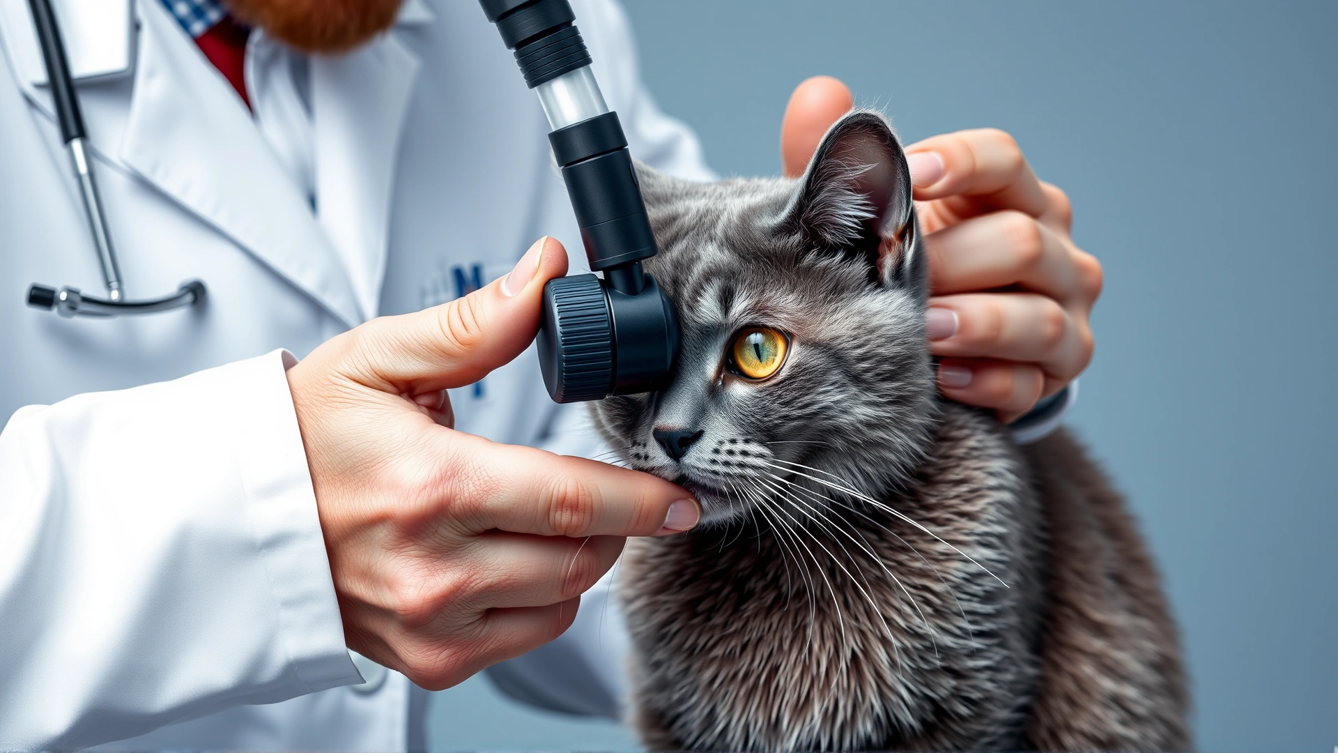 Veterinarian in white coat using an ophthalmoscope to inspect a gray cat’s eye while the cat sits on an examination table.