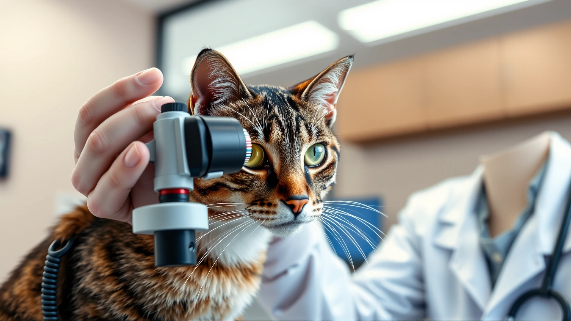 Scene of a veterinarian gently examining a cat’s eyes using an ophthalmoscope in a clinic setting, warm lighting.