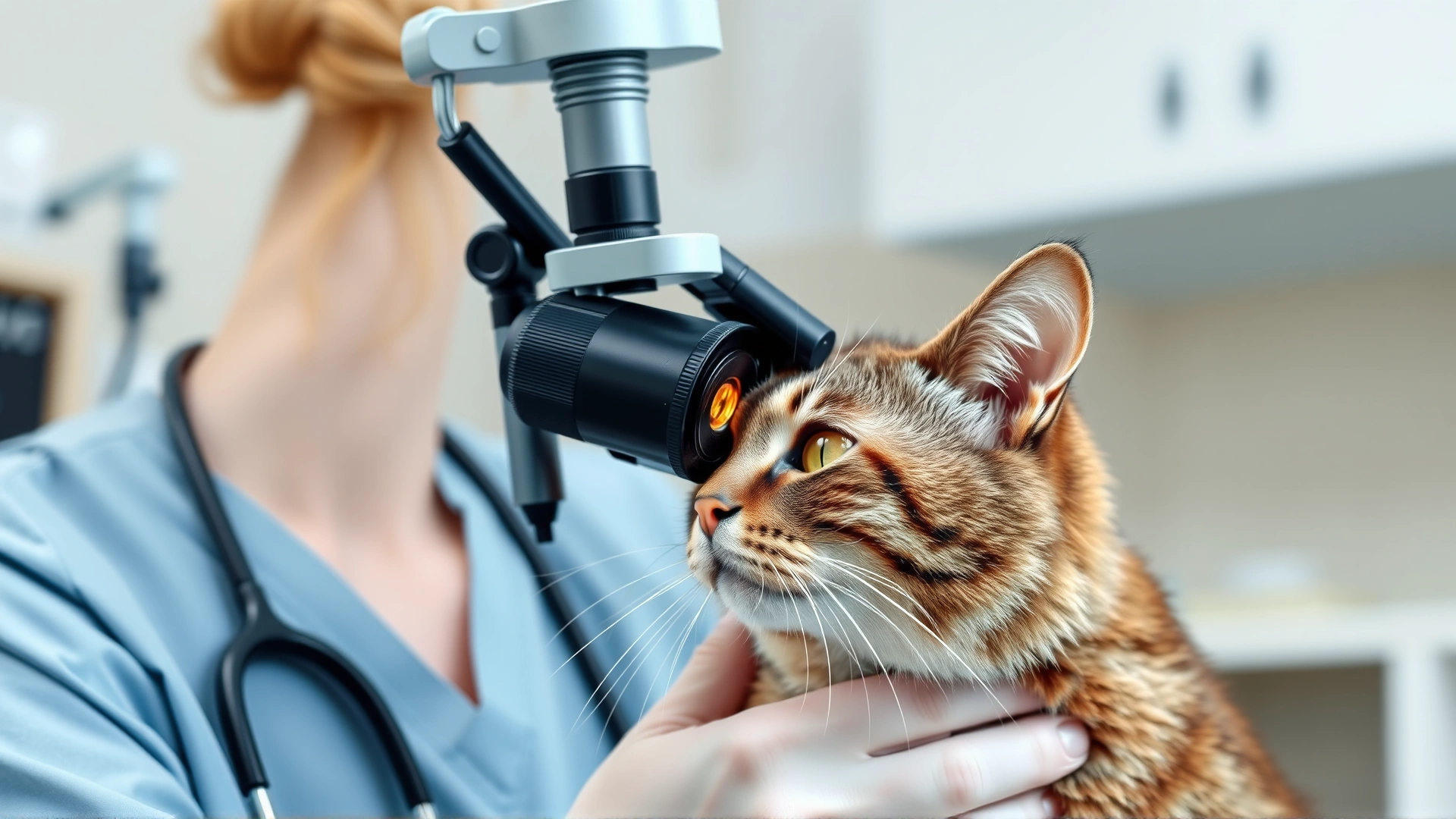 Veterinarian wearing a white coat examining a cat's eye with an ophthalmoscope in a modern veterinary clinic