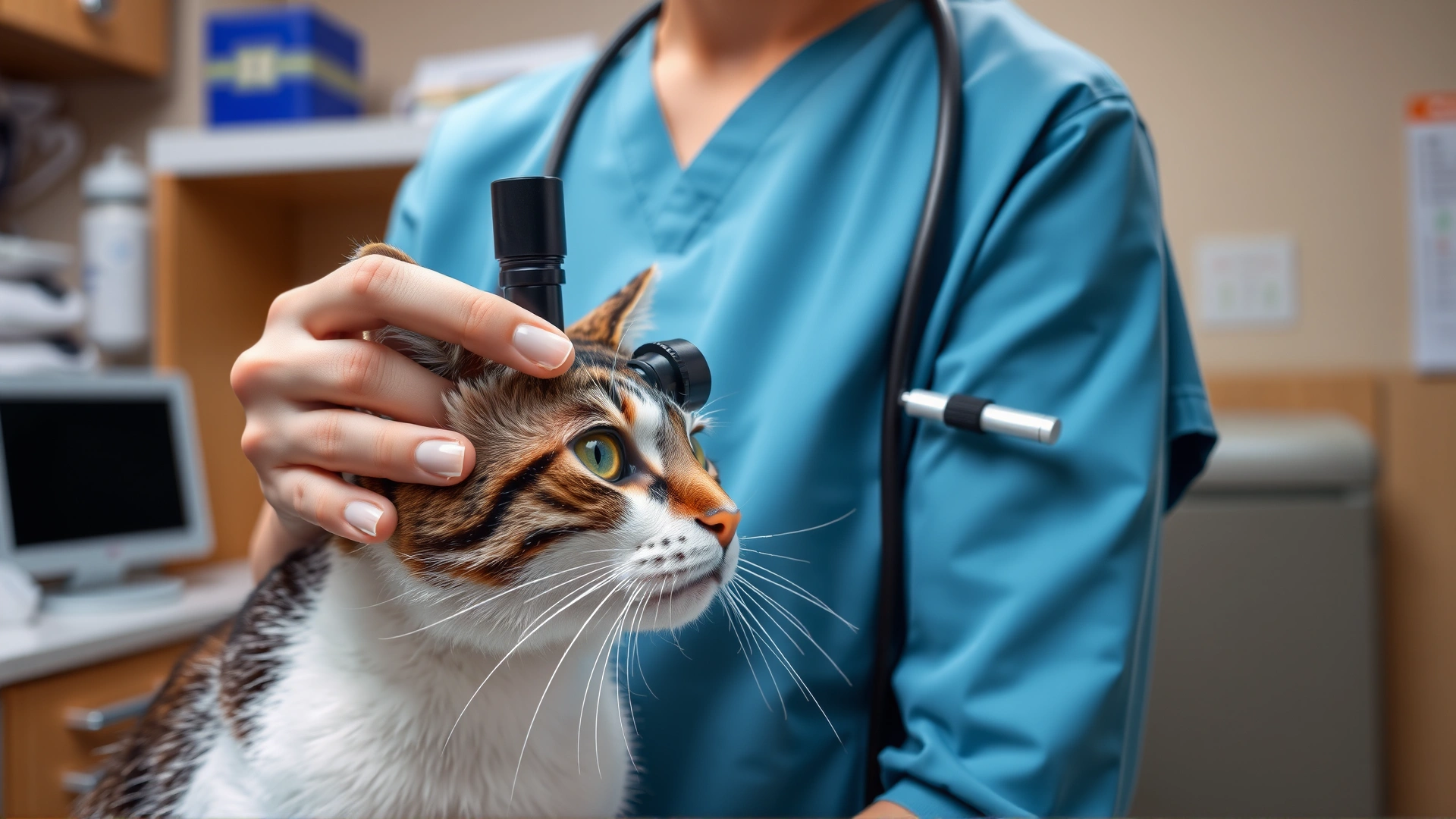 Veterinarian wearing scrubs gently examining a cat’s eye with an ophthalmoscope in a clinic setting