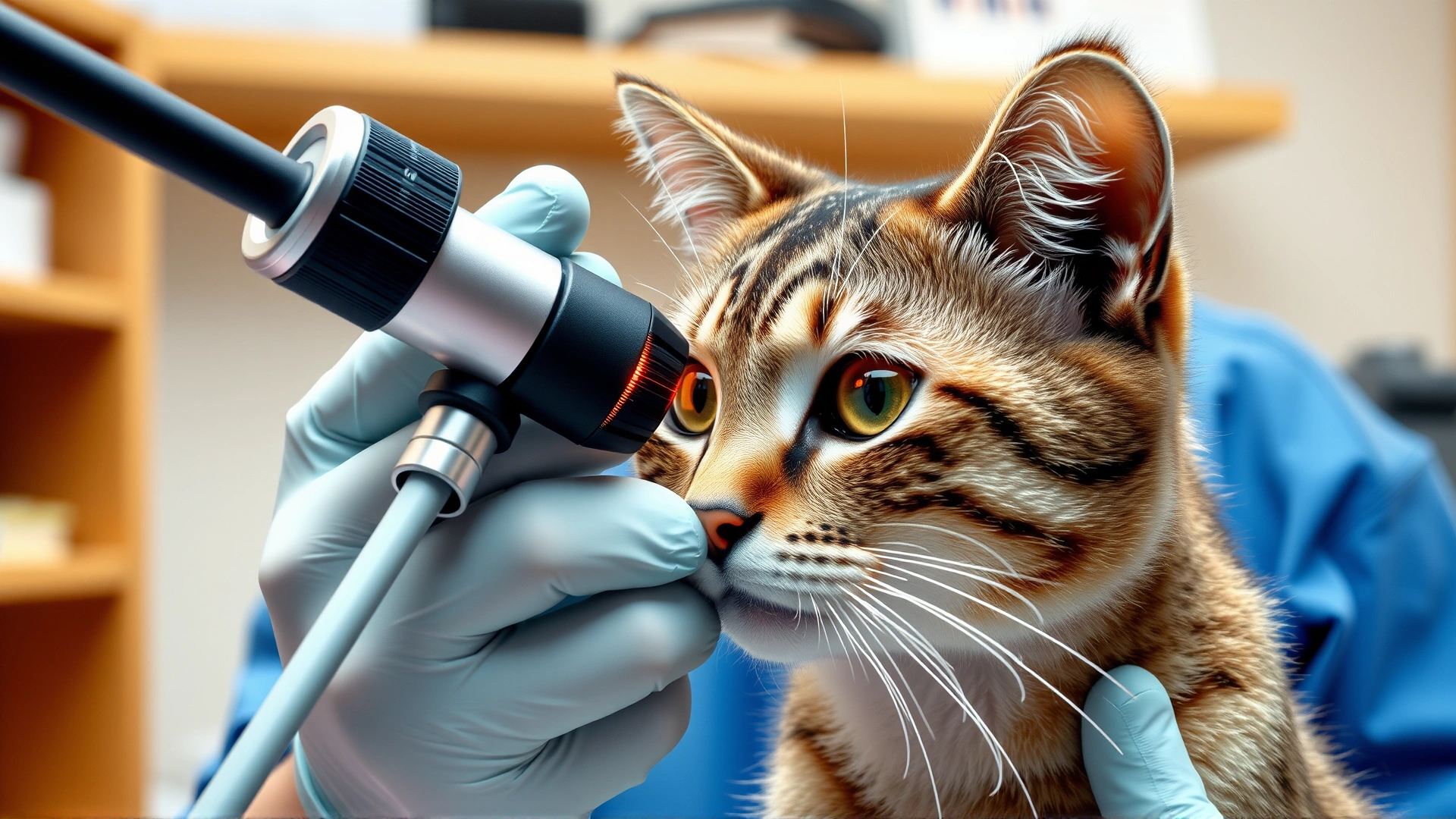 A veterinarian gently examining a cat’s eyes with an ophthalmoscope in a clinic setting