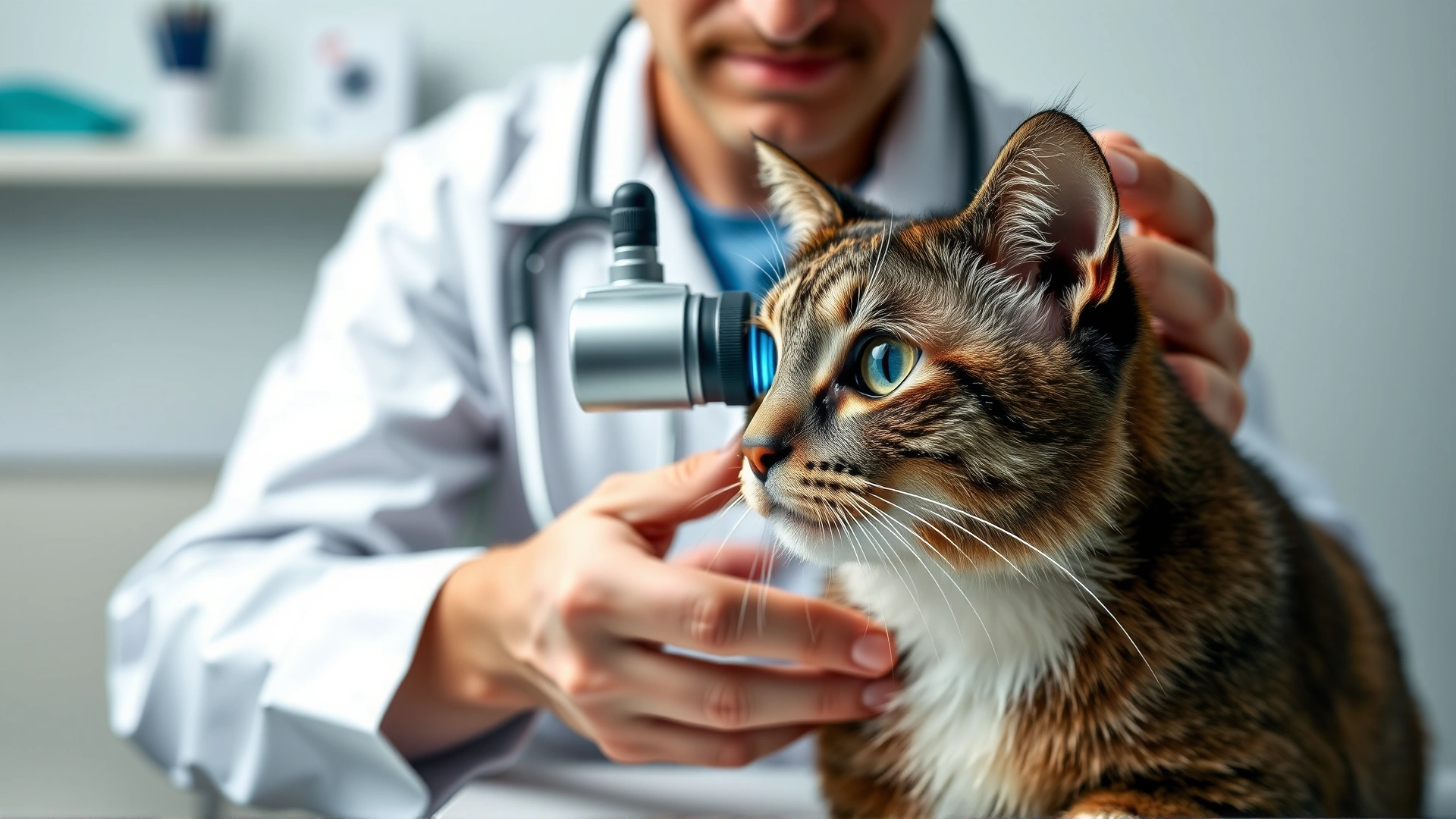 Veterinarian in white coat examining a cat's eye with an ophthalmoscope on exam table, clinic background