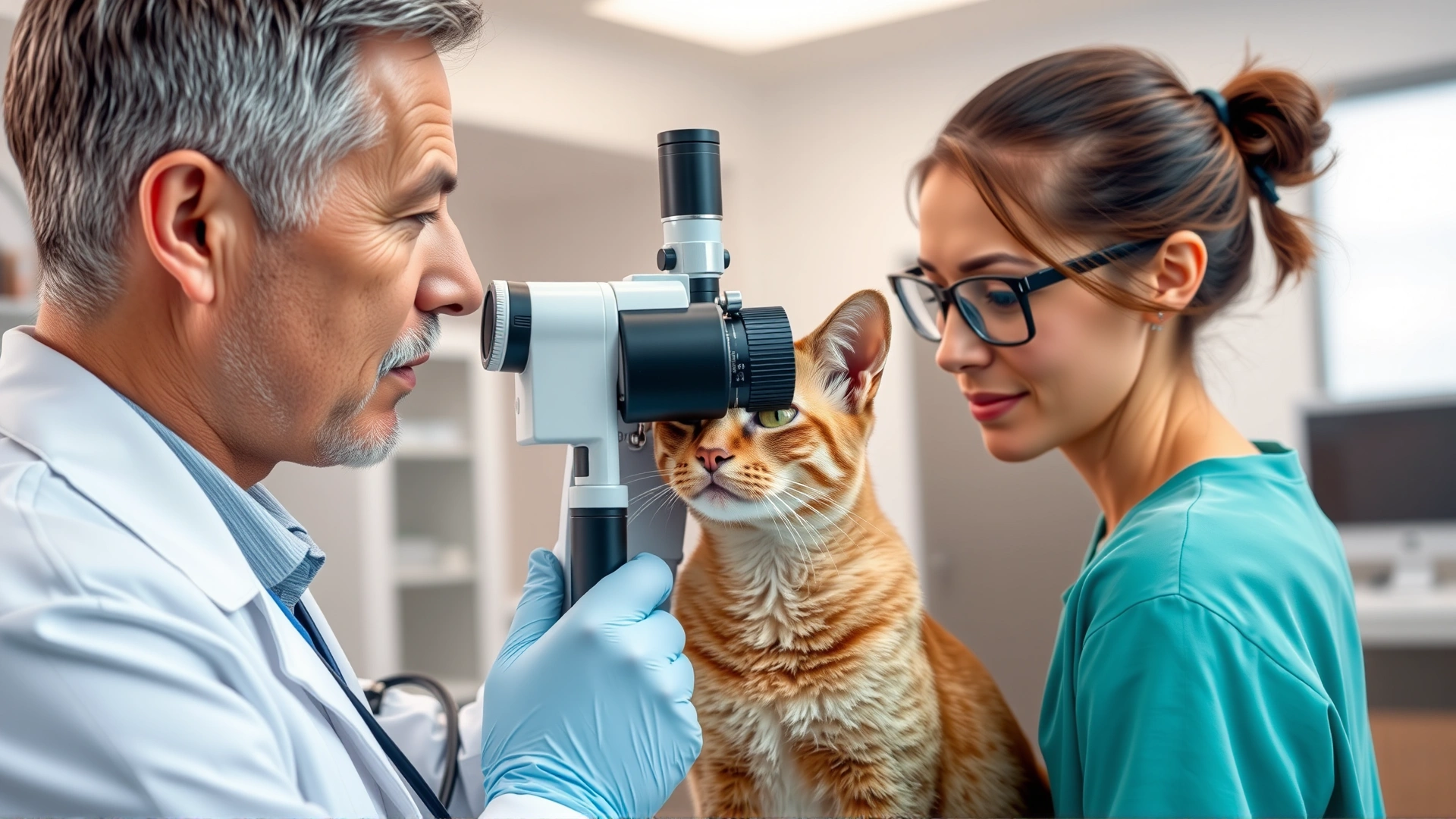 Veterinarian in white coat using an ophthalmoscope to examine a calm cat's eye in a modern clinic