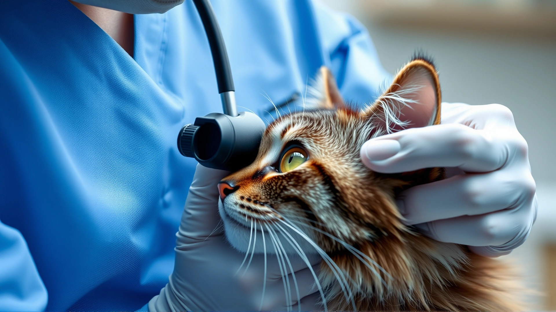 Veterinarian gently examining a cat’s eye using an ophthalmoscope in a clinic setting