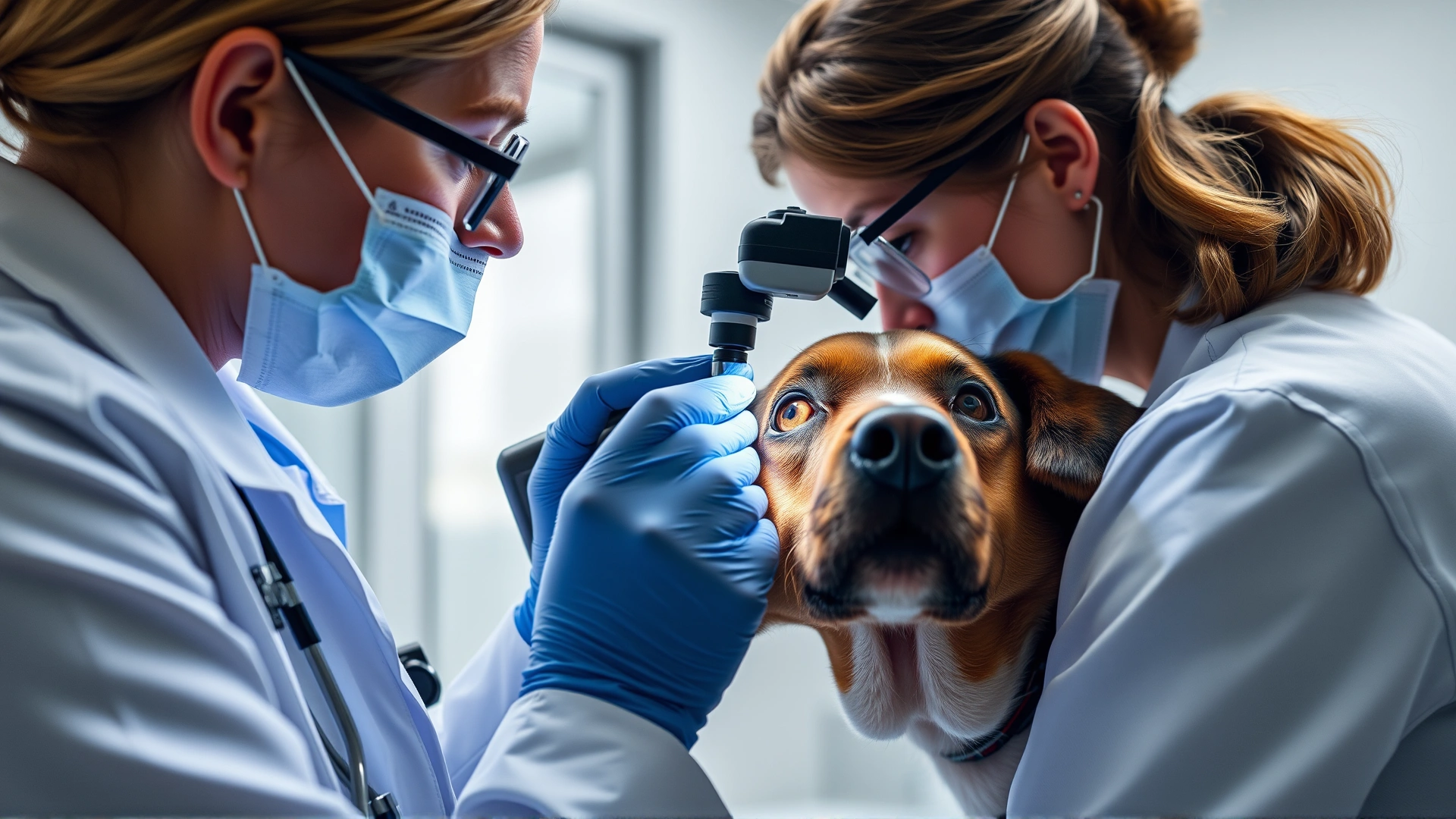 Veterinarian gently examining a dog's eye in a modern clinic, using specialized ophthalmic equipment, natural lighting.