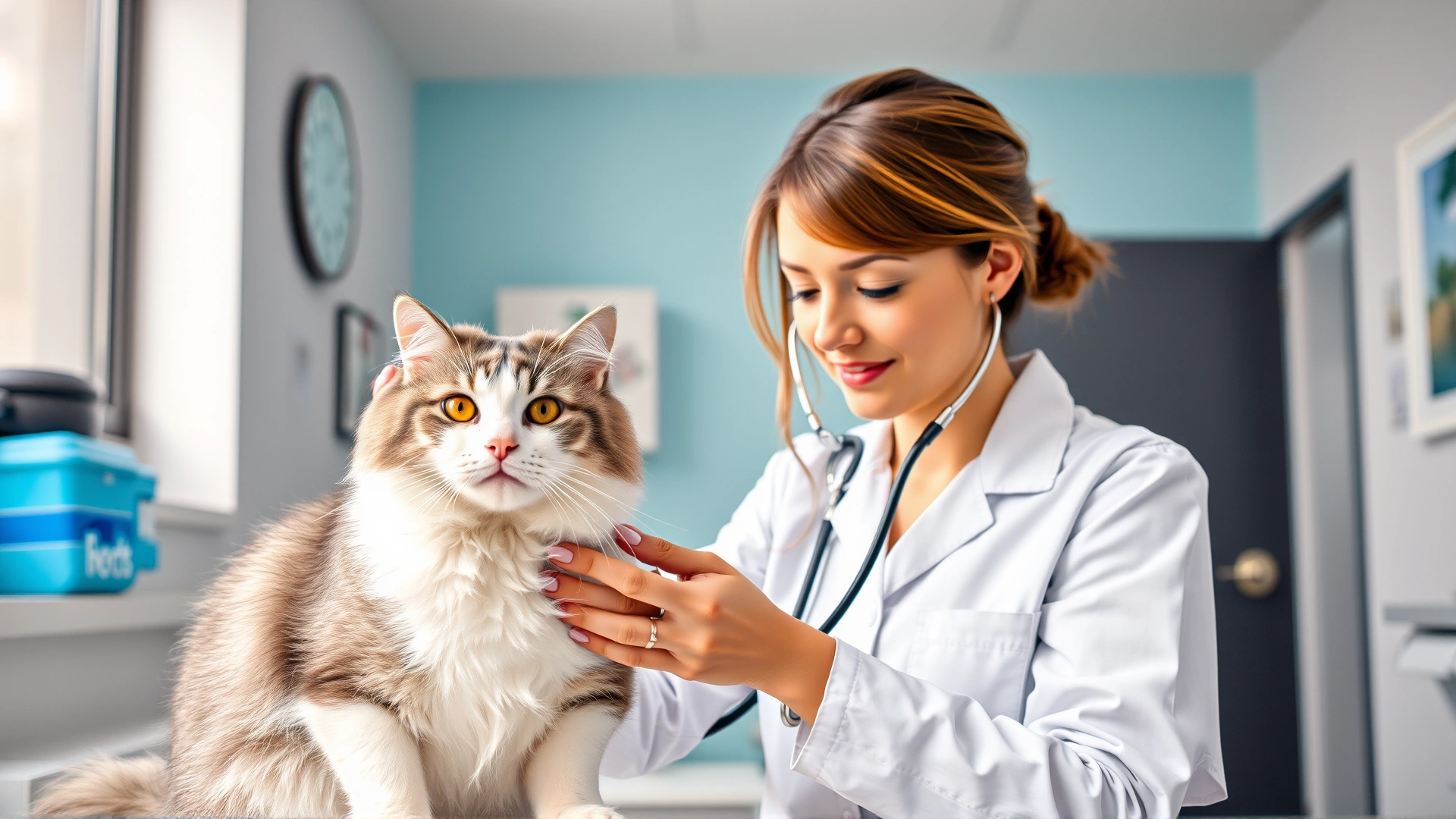Female veterinarian gently examining a white and gray cat with a stethoscope in a modern pet clinic, bright daylight, high resolution, no text