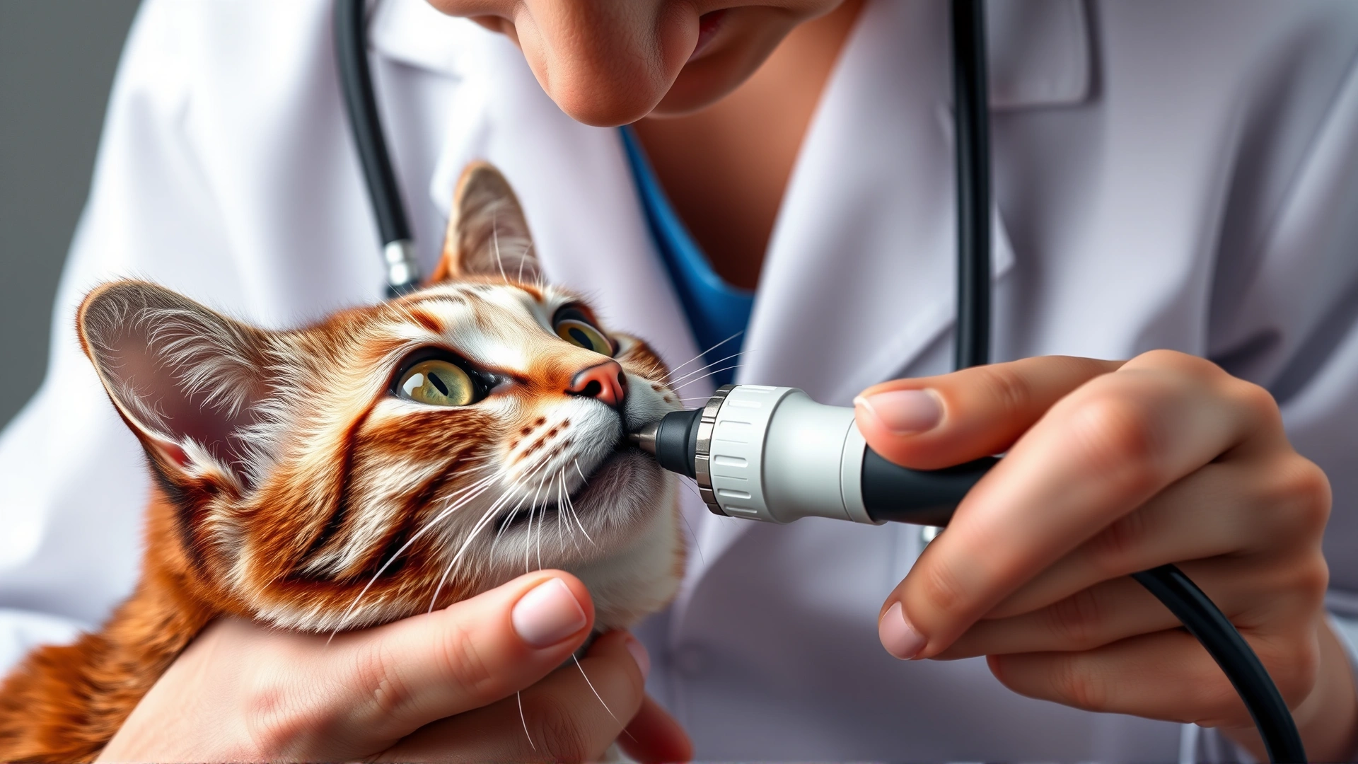Veterinarian wearing a white coat and stethoscope gently examining a cat's nasal passage with an otoscope.
