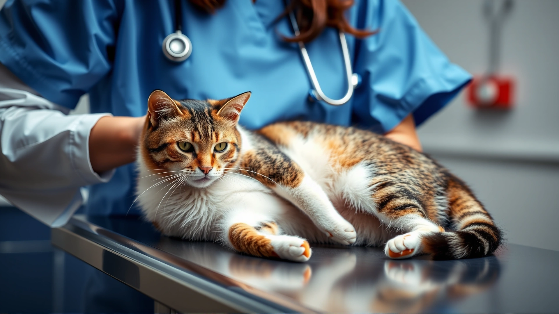 Veterinarian wearing blue scrubs gently palpating a cat’s abdomen on an examination table, stethoscope around the vet’s neck.