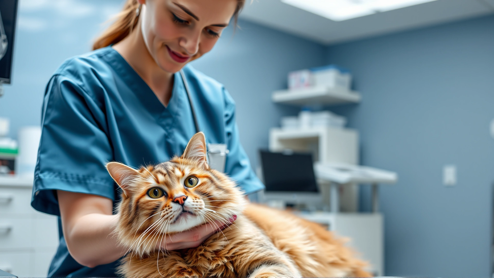 Female veterinarian wearing scrubs gently examining a cat’s facial lesion in a modern clinic, professional environment, high resolution
