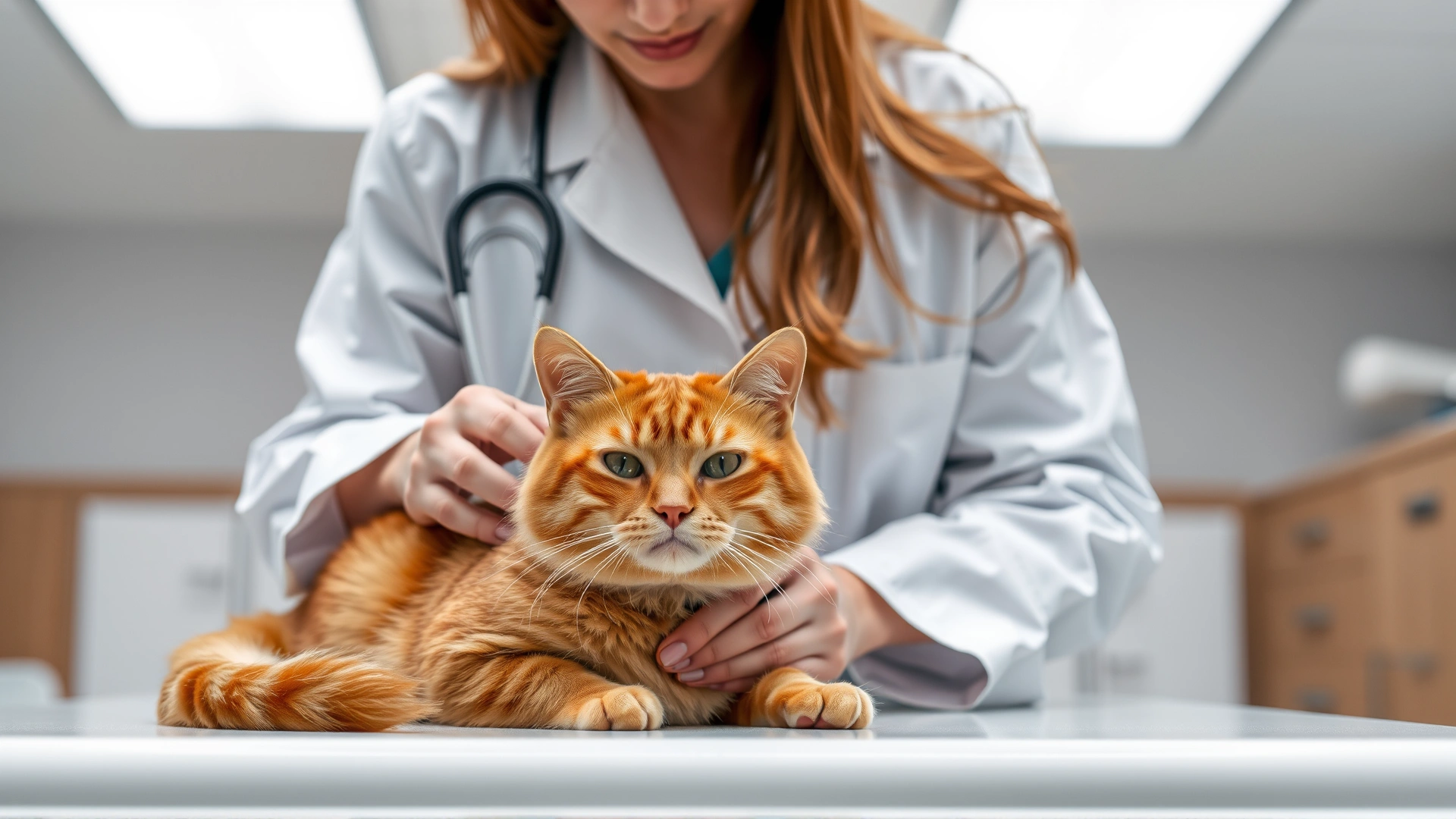 Veterinarian wearing a white coat gently examining a calm orange cat on an examination table in a modern veterinary clinic.