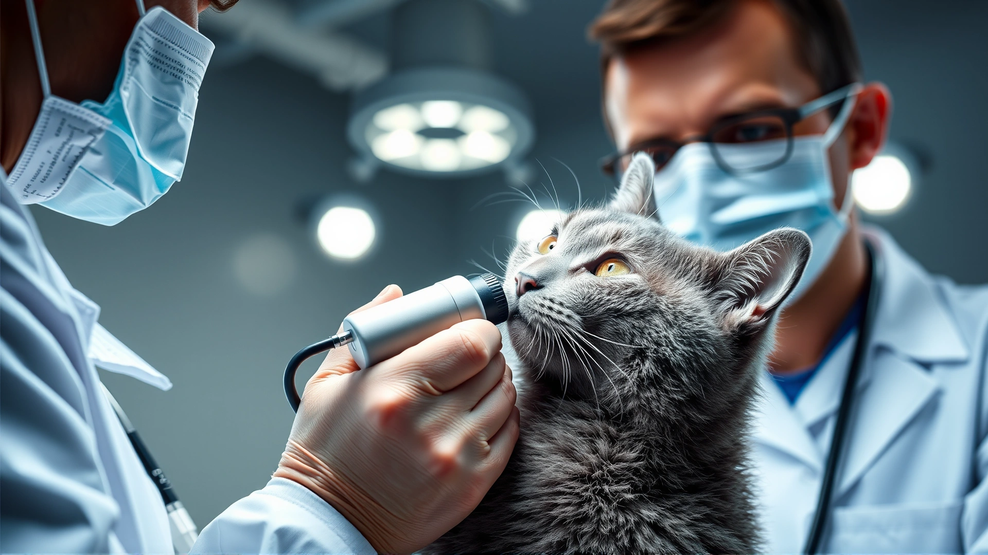 Veterinarian in white coat using a dermatoscope to examine a grey cat's skin under bright clinic lights, focus on the device and cat's fur, no visible text.