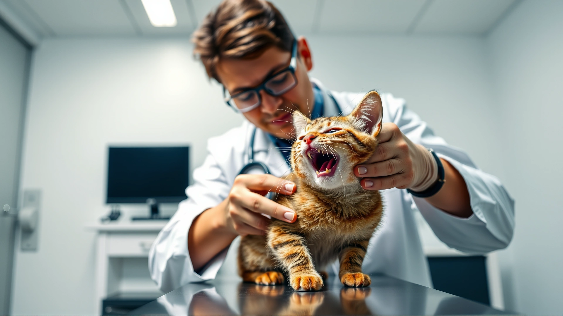 Veterinarian wearing a white coat examining a young cat's mouth on an examination table, bright modern clinic background.