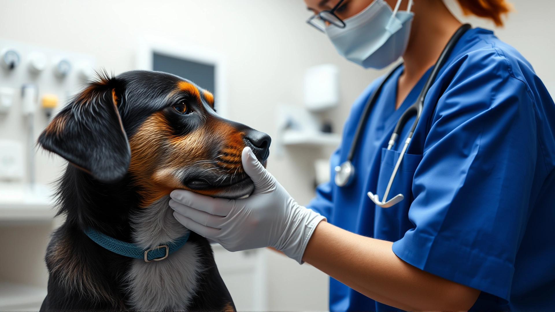 Veterinarian wearing blue scrubs gently examining a dog’s shaved hotspot with gloved hands in a modern exam room, medical equipment blurred in background.