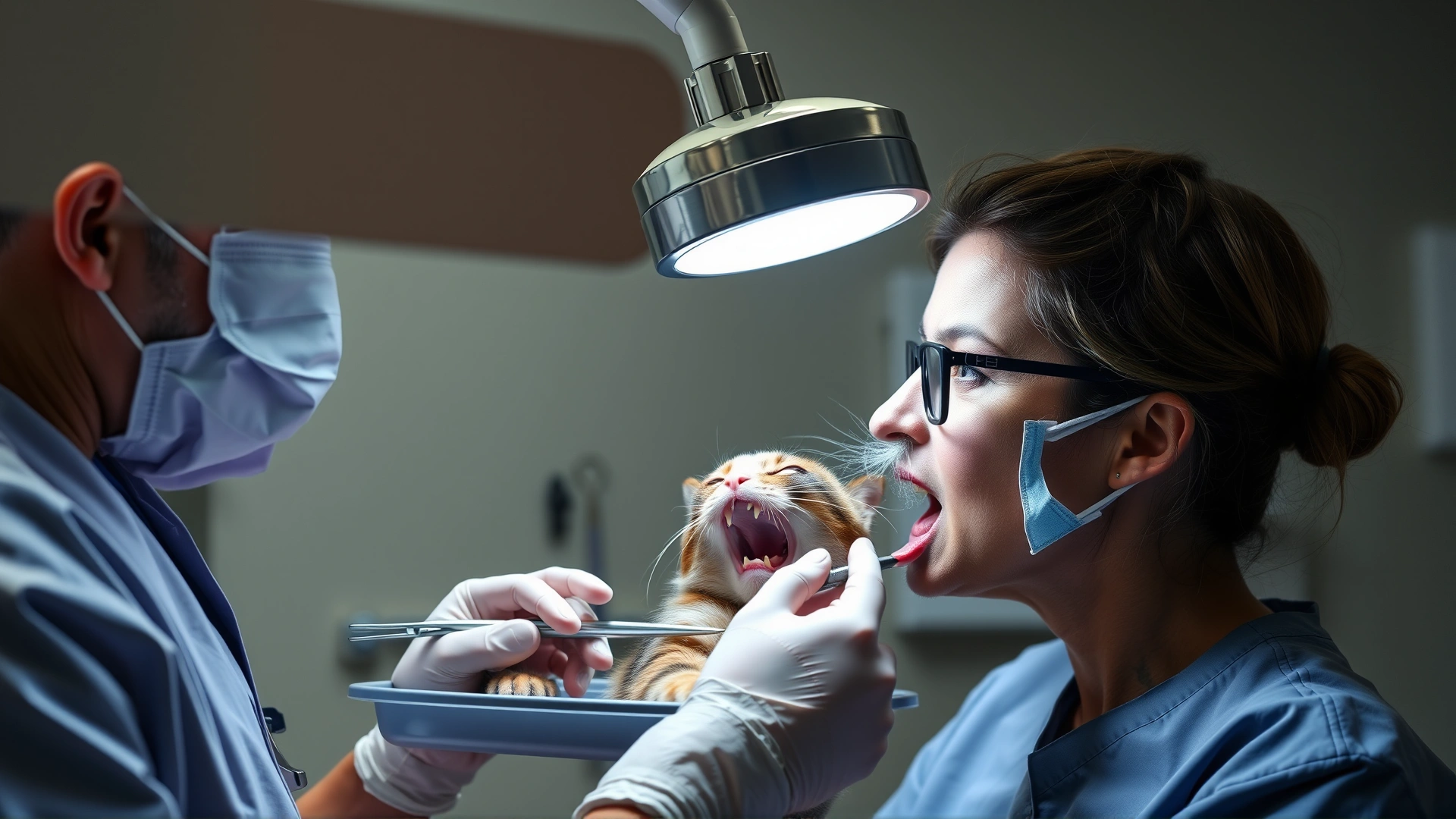 Veterinarian in scrubs examining a cat’s mouth under a bright examination light, with dental instruments visible on a tray; veterinary clinic setting.