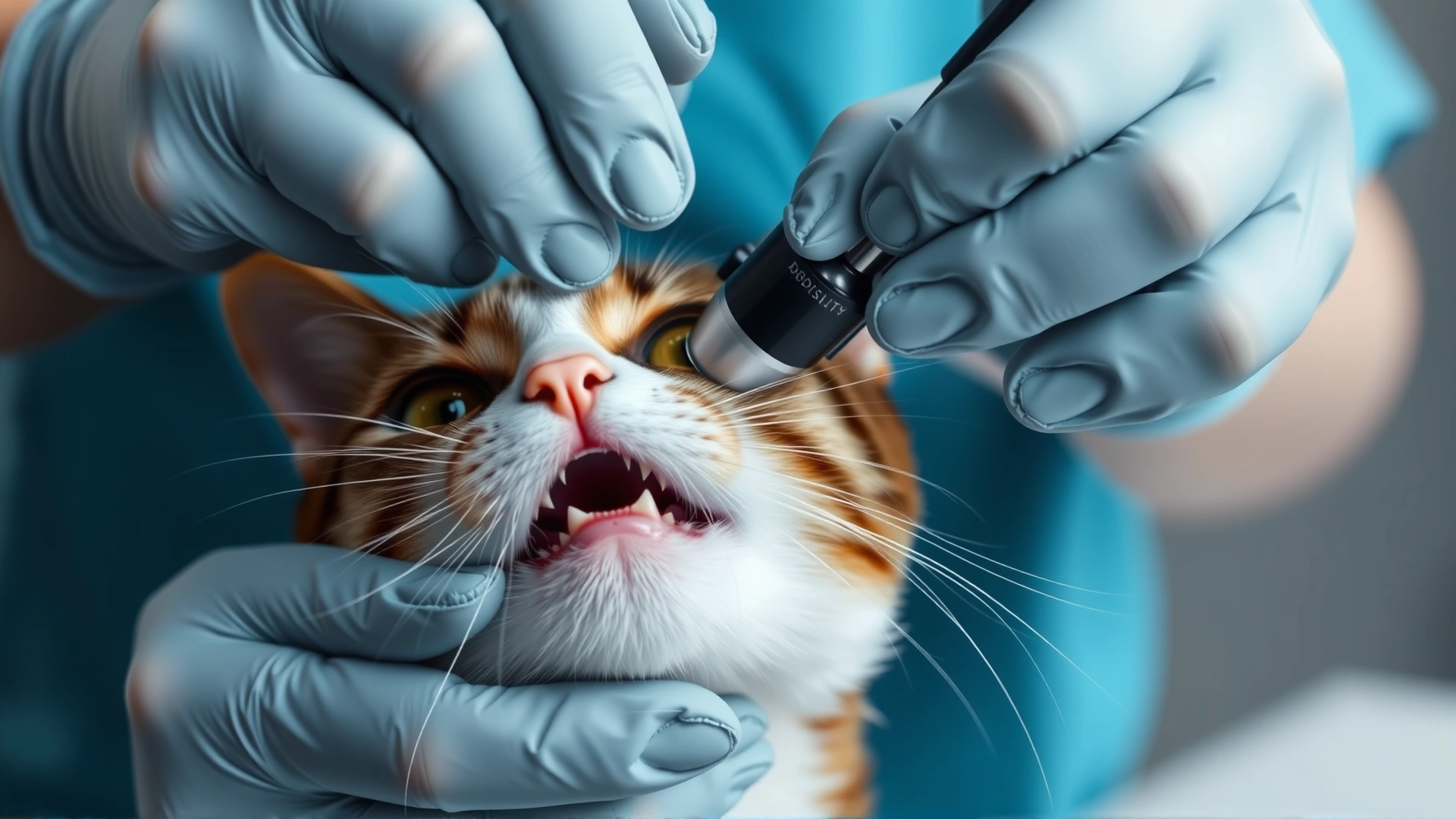 Veterinarian wearing gloves and using an otoscope to look inside an adult cat's mouth, demonstrating clinical oral exam