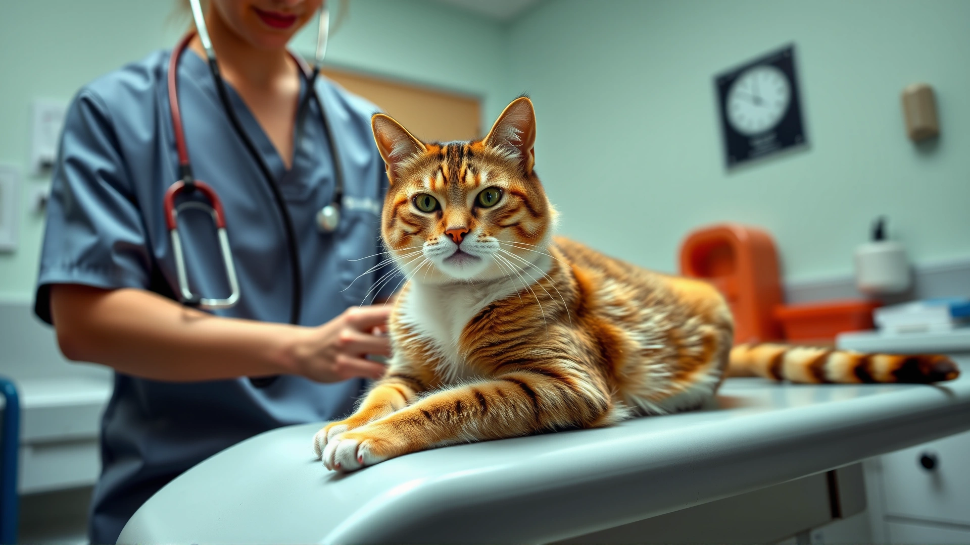 Veterinarian in scrubs using a stethoscope to examine a calm adult cat on an exam table; clinic environment