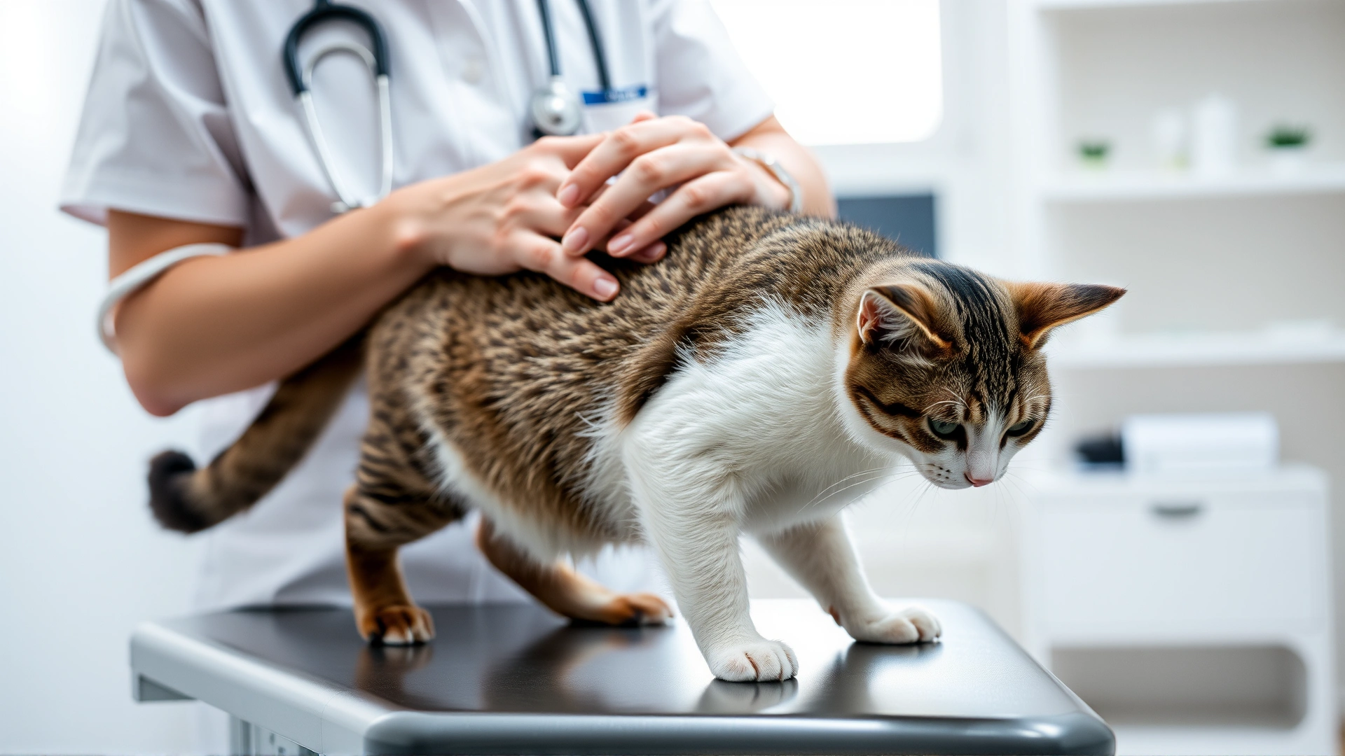 Photo of a veterinarian gently palpating a cat's hip area on an examination table in a bright clinic