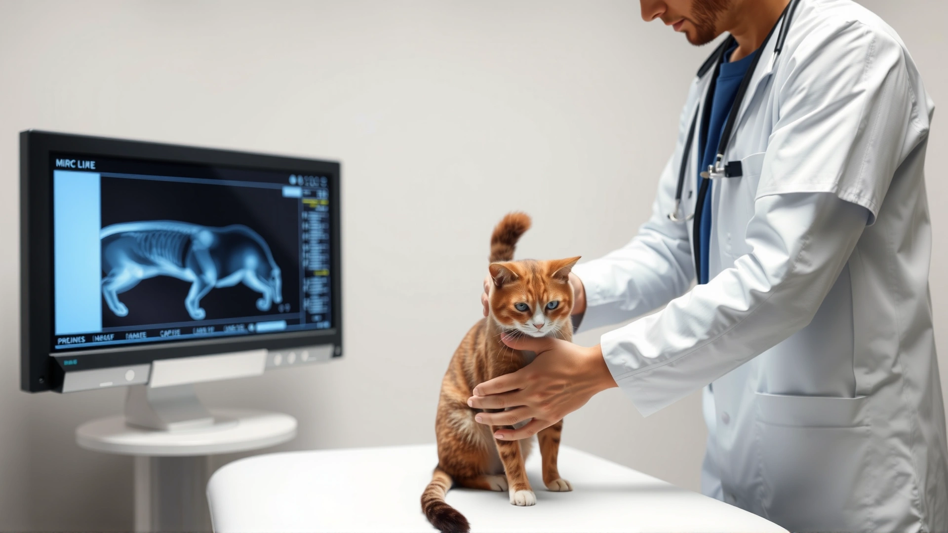 Veterinarian gently palpating a cat’s hind leg on an exam table with a cat X-ray image displayed on a monitor in the background.