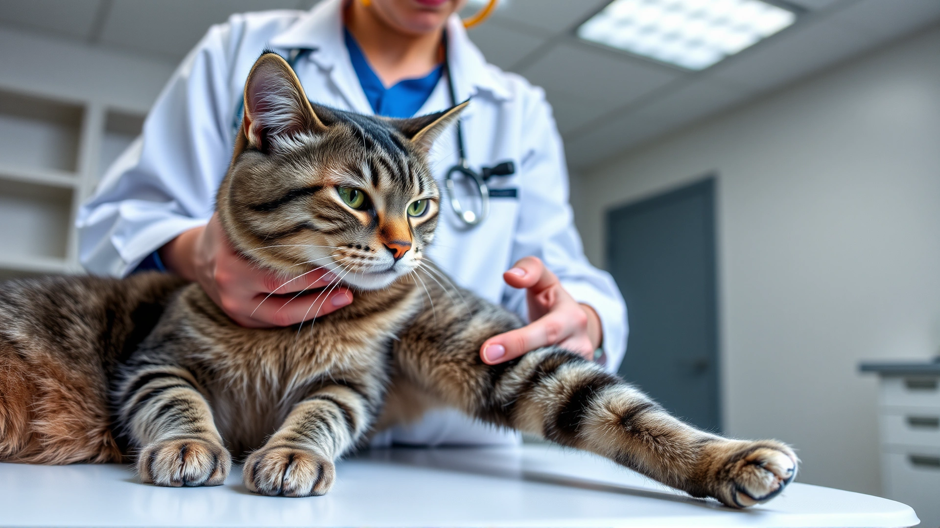 Veterinarian gently palpating a tabby cat's hip joint on a stainless steel examination table, bright clinic setting