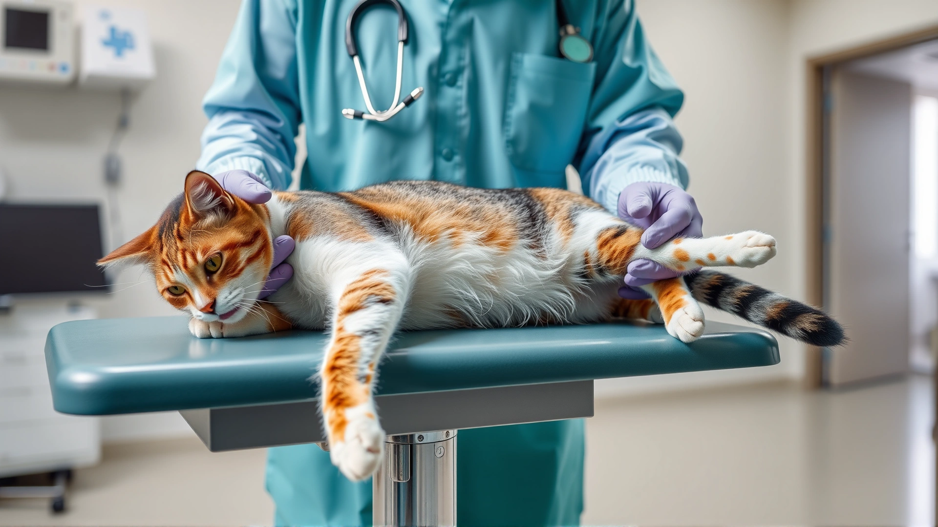Veterinarian examining a cat's hind leg on an exam table in a modern clinic; illustrates the diagnostic process.