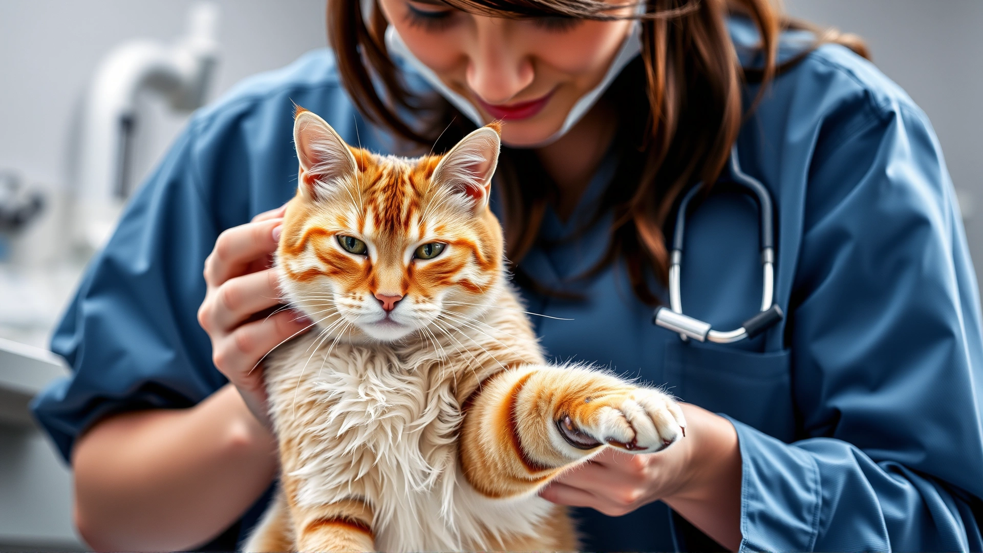 Veterinarian in a modern clinic gently examining a cat’s hind-leg reflexes, professional setting.