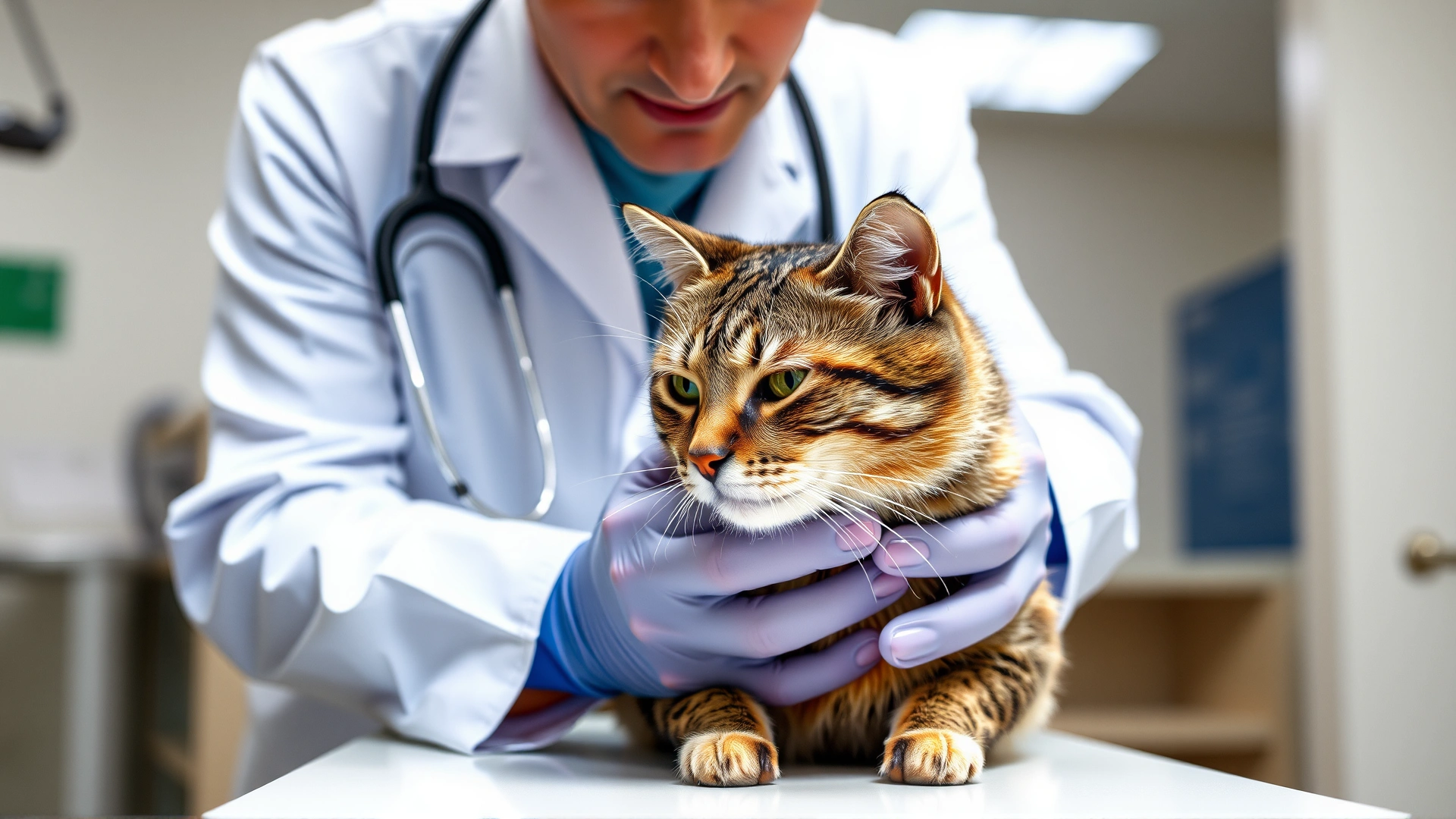 Veterinarian wearing a white coat performing a gentle neurological exam on a calm adult cat in a well-lit clinic room.