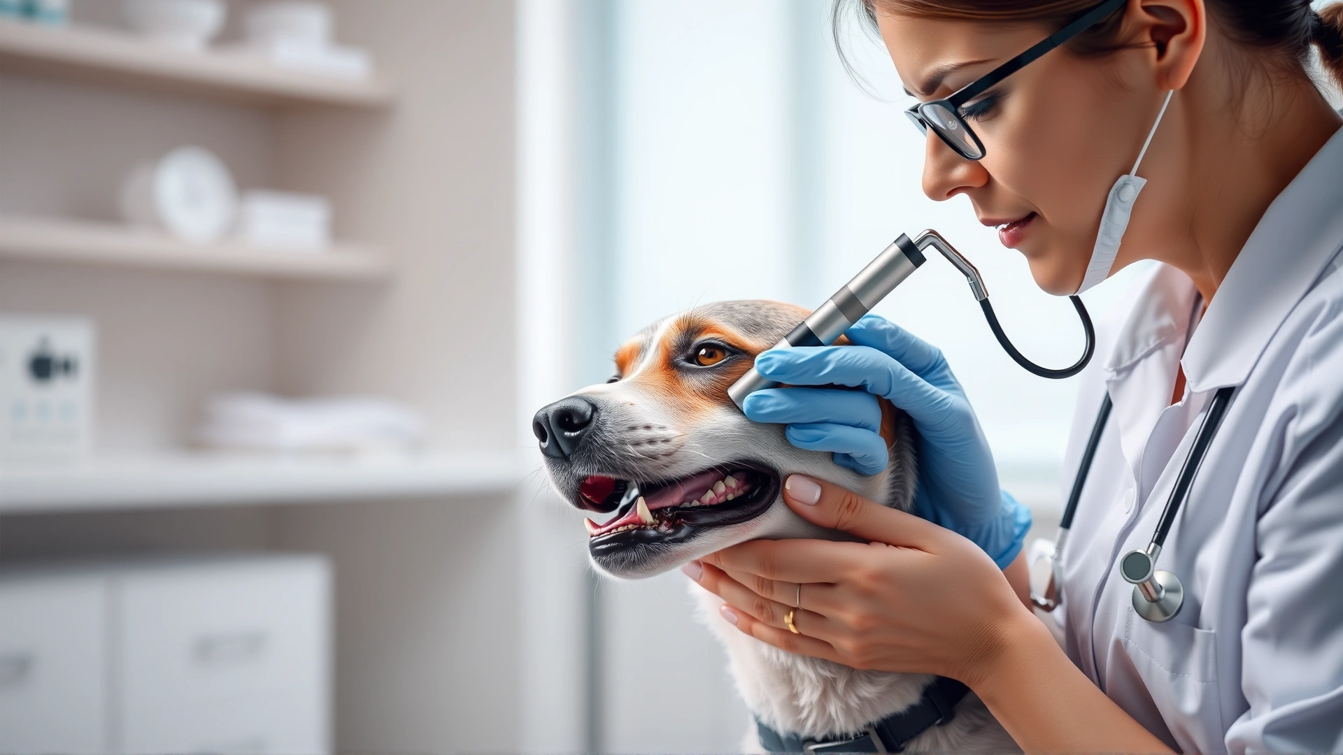 Veterinarian in a clinic gently examining a dog's throat and mouth with an otoscope, modern professional setting.