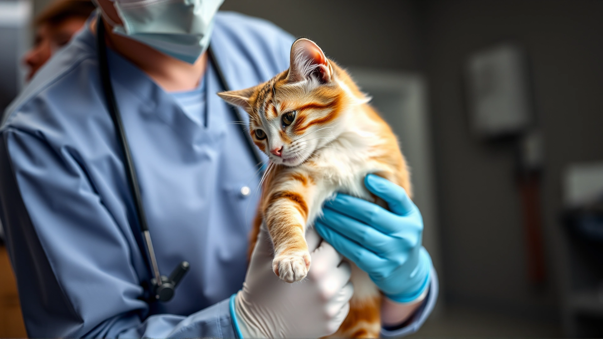 Veterinarian performing a neurological reflex test on a cat's hind leg in a clinic