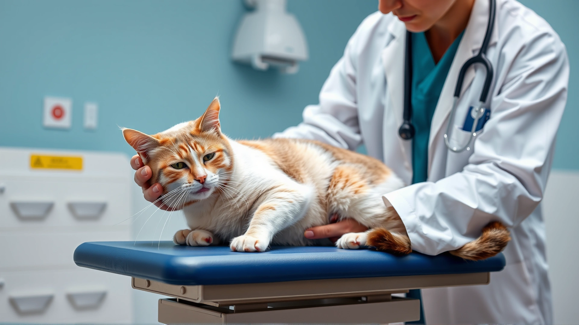 Veterinarian wearing lab coat performing a gentle neurological reflex test on a calm cat on examination table, clinical setting, natural colors, high resolution