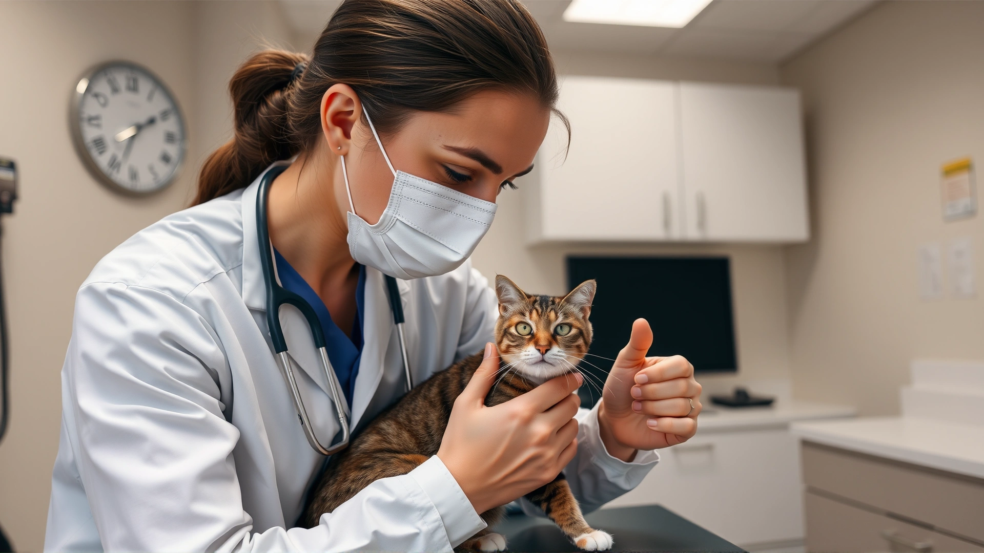 Veterinarian gently examining a cat on an examination table in a modern veterinary clinic, conveying the diagnostic process.