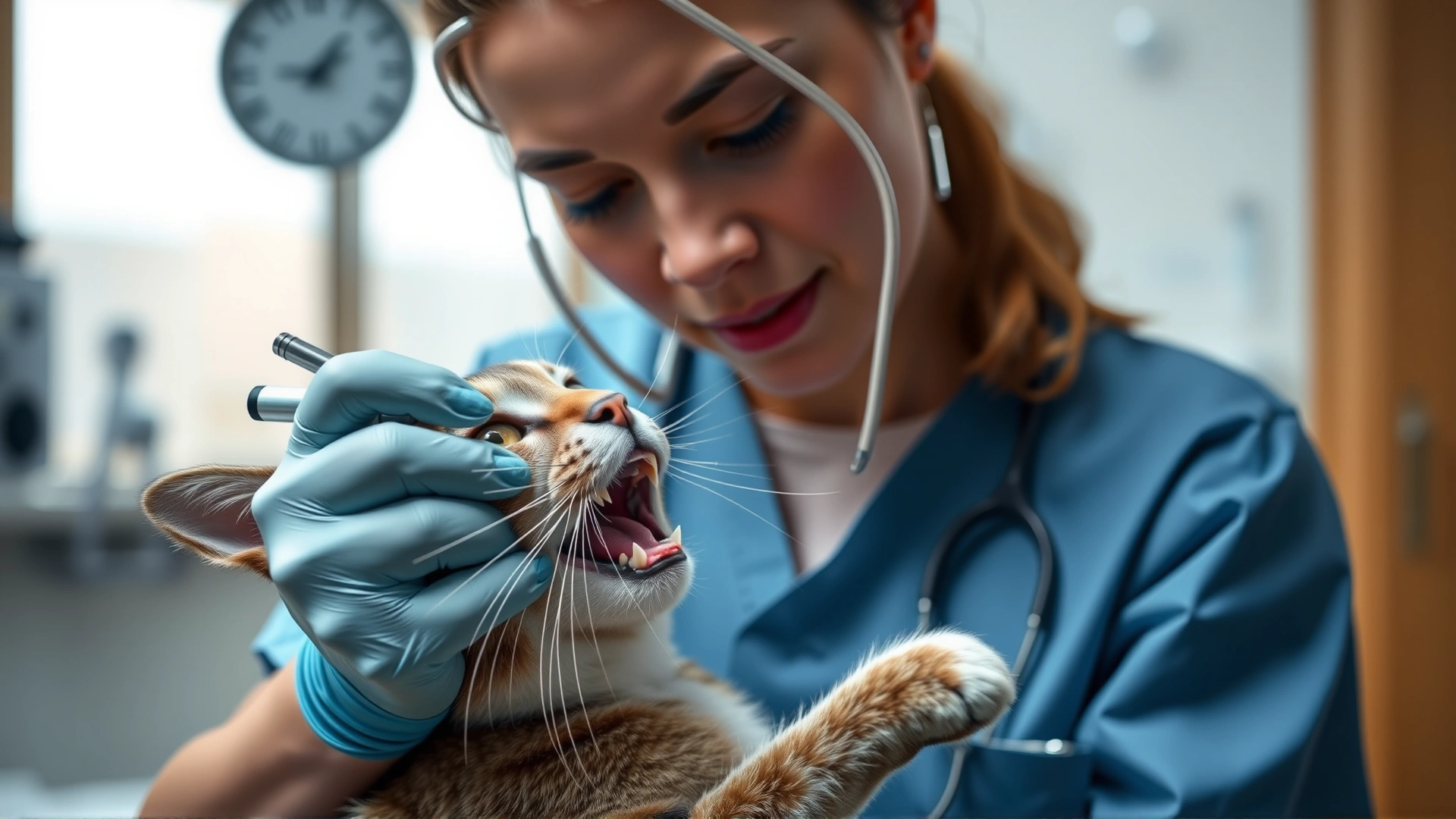 Veterinarian in a clinic examining a cat's mouth with a penlight, clinic background blurred.