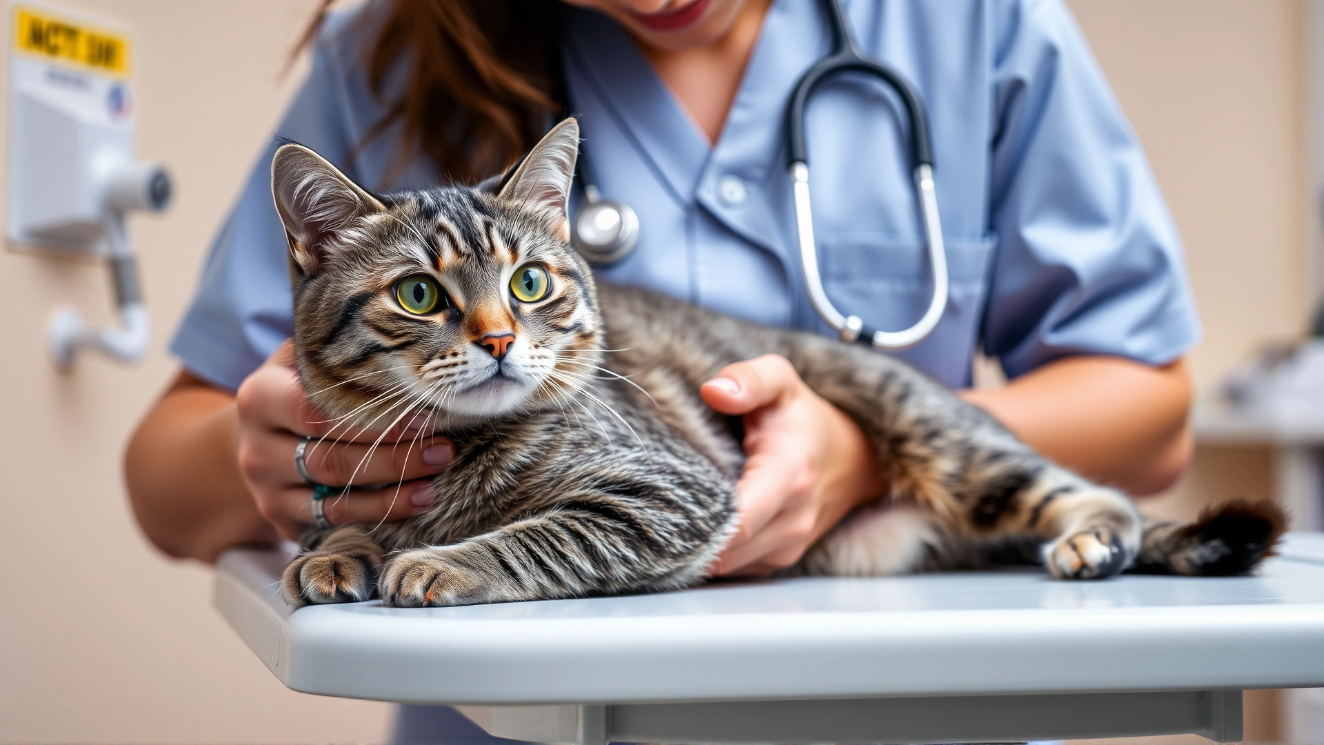 Veterinarian examining a gray tabby cat on an examination table, stethoscope and caring expression, clinic background